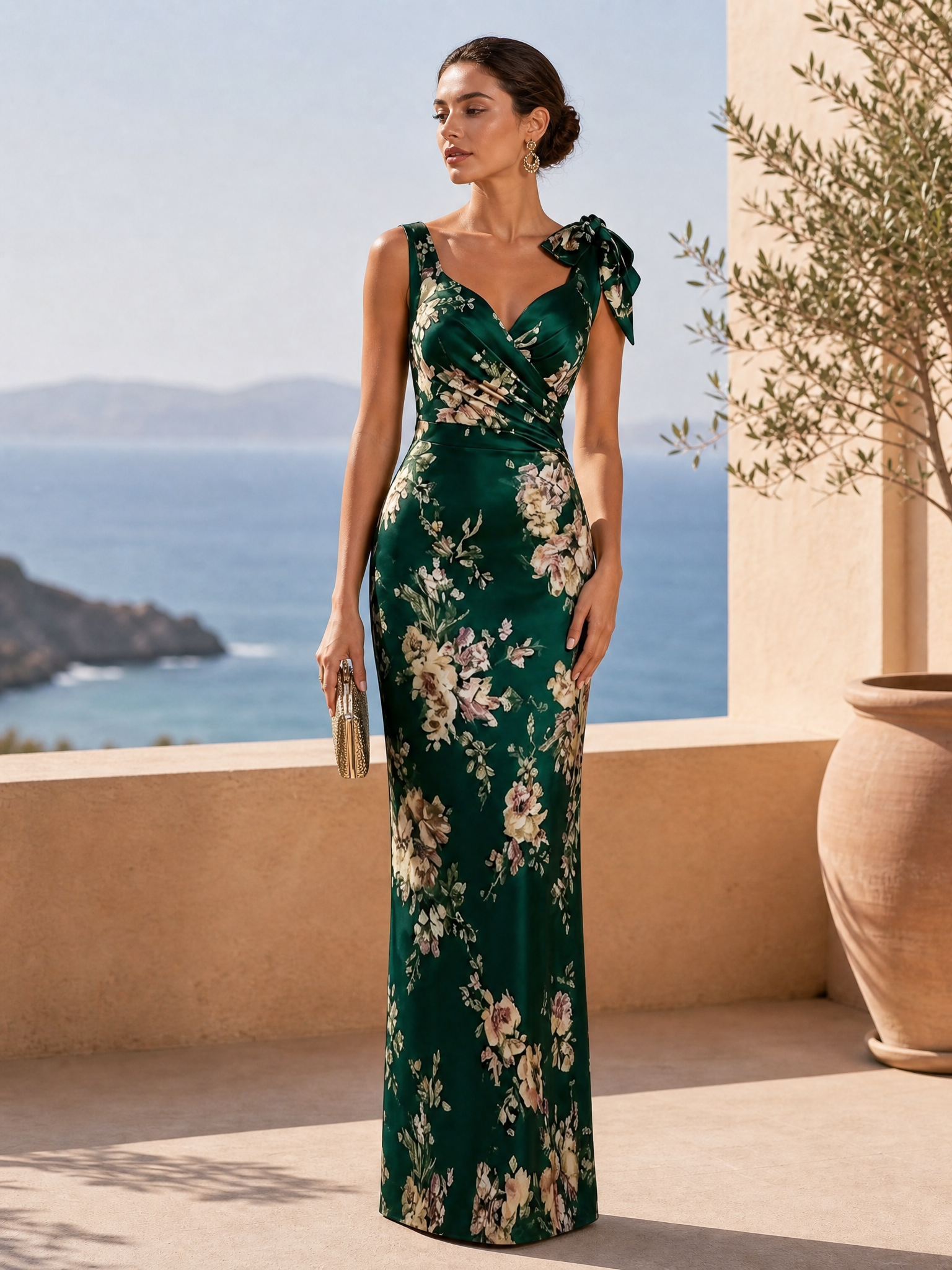 Deep Green Floral Bow Satin Sweetheart Neckline Sleeveless Sheath Floor-length Gown Dress
