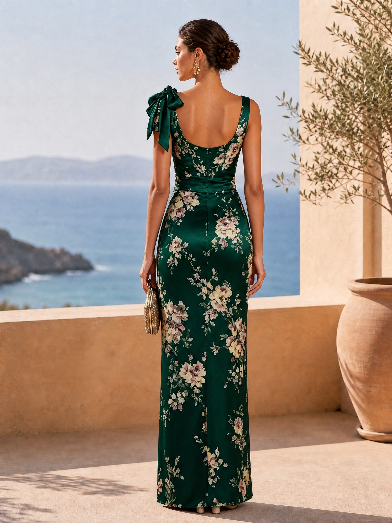 Deep Green Floral Bow Satin Sweetheart Neckline Sleeveless Sheath Floor-length Gown Dress