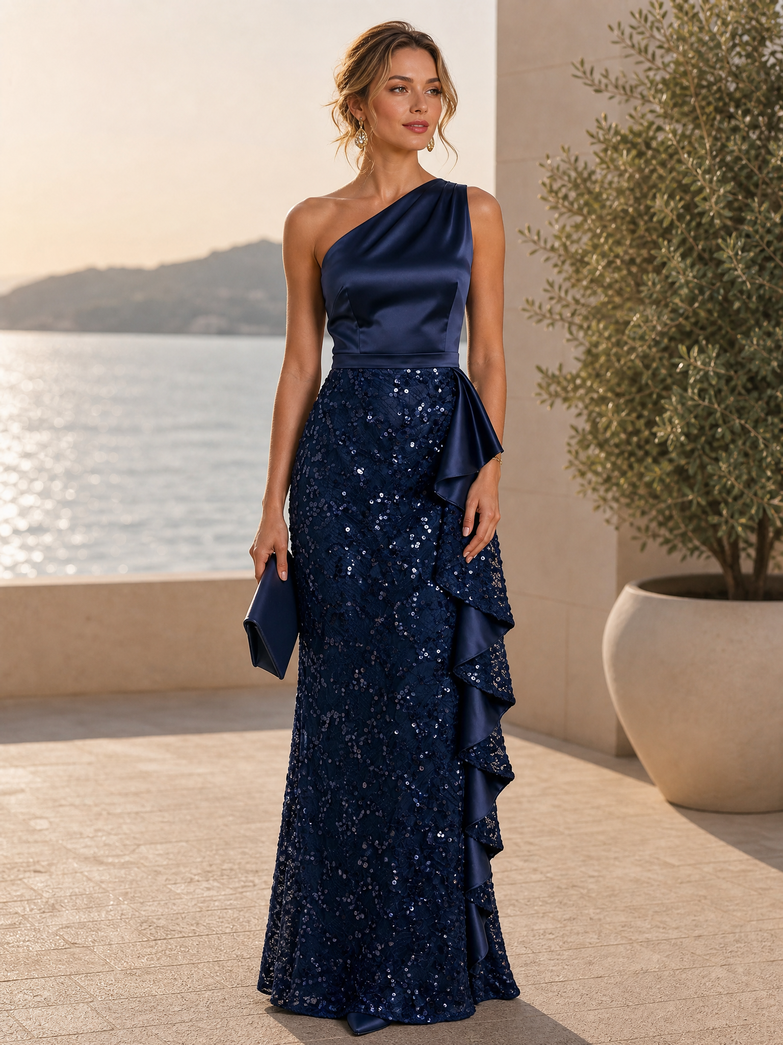 Navy Blue Ruffled Sequin One Shoulder Sleeveless Mermaid Gown Dress