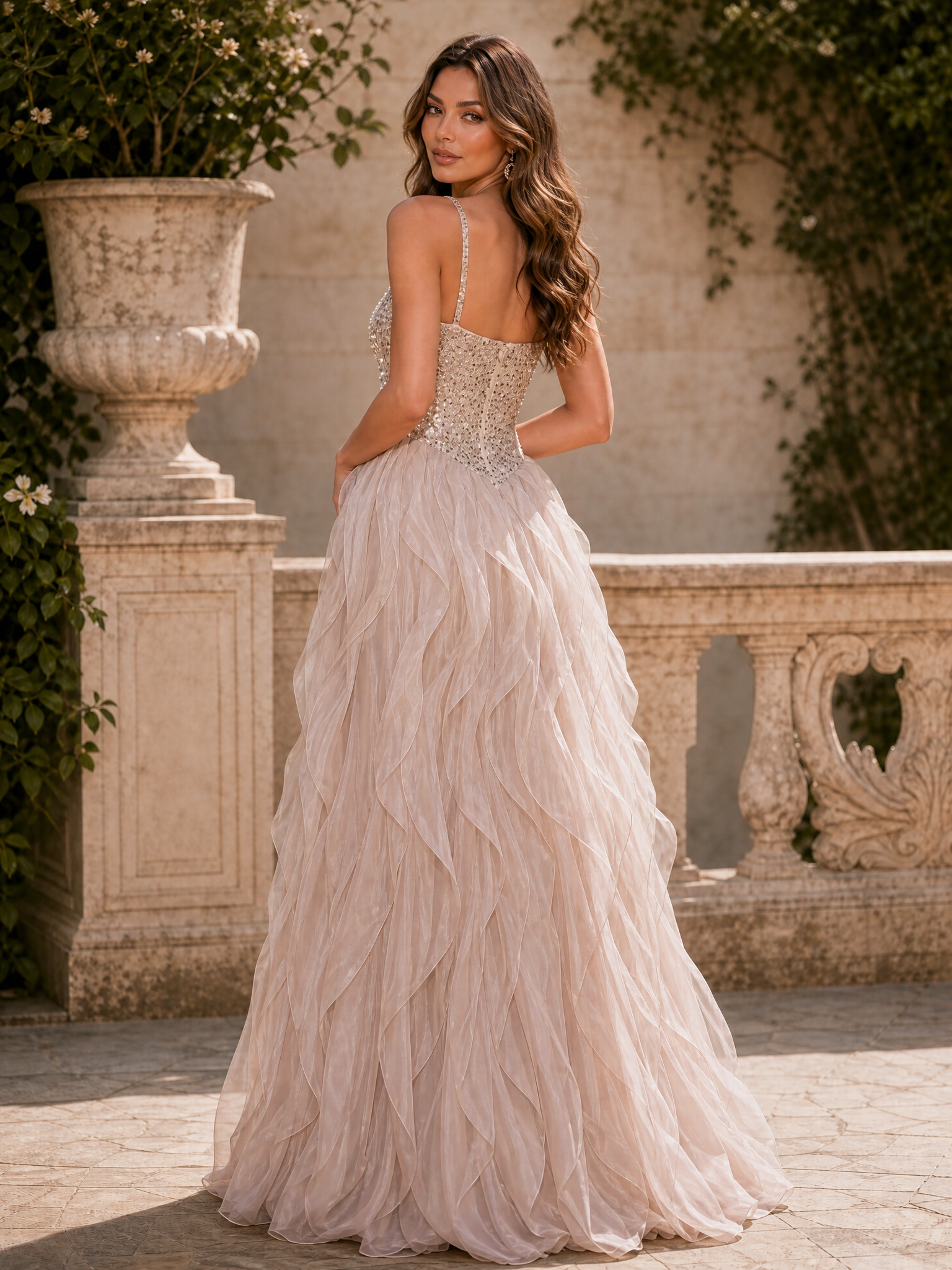 Light Khaki Sequin Ruffled Organza Spaghetti Straps Evening Gown