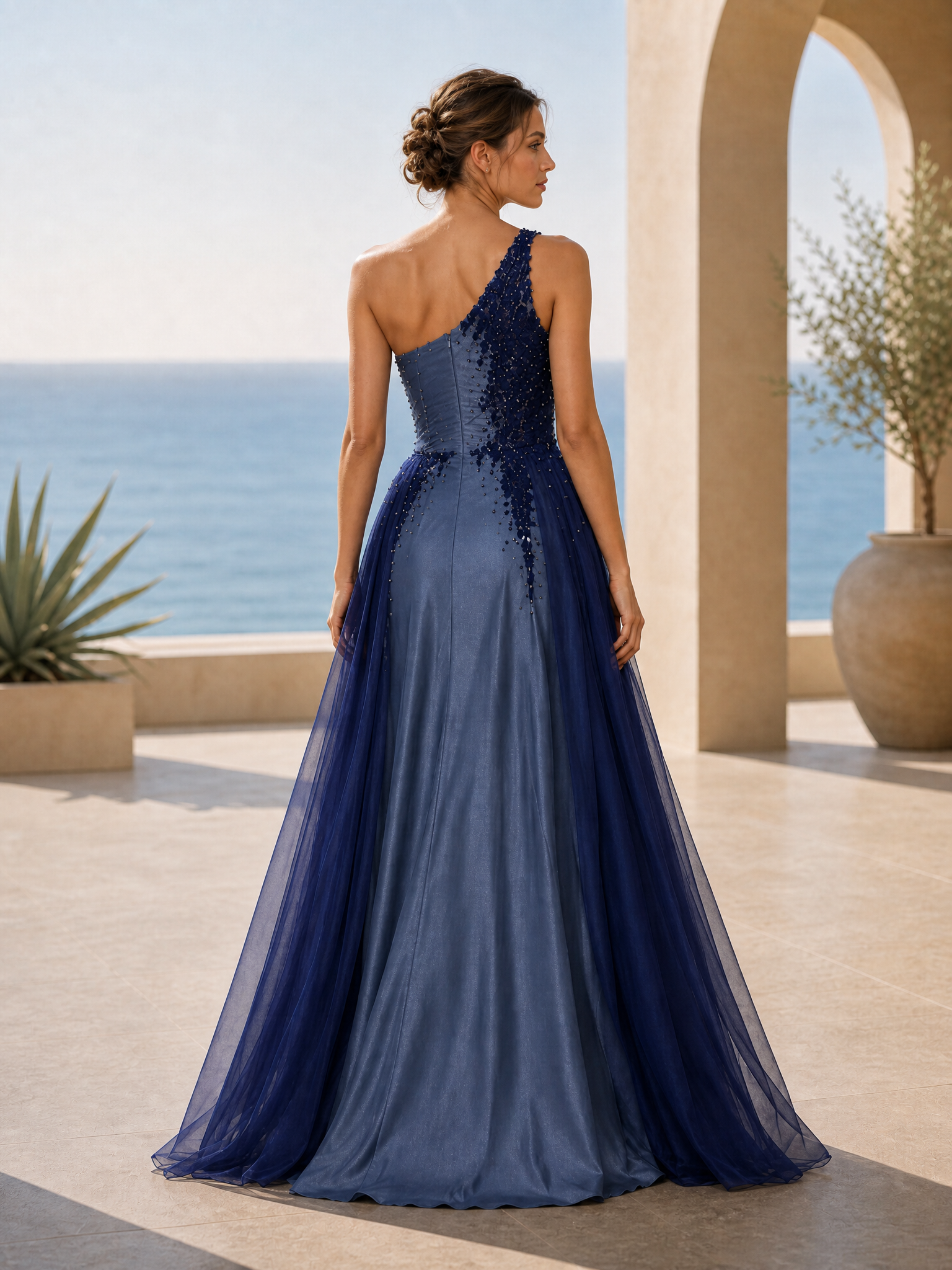 Navy Blue One Shoulder Lace Applique Tulle Overlay Slit Mermaid Evening Gown