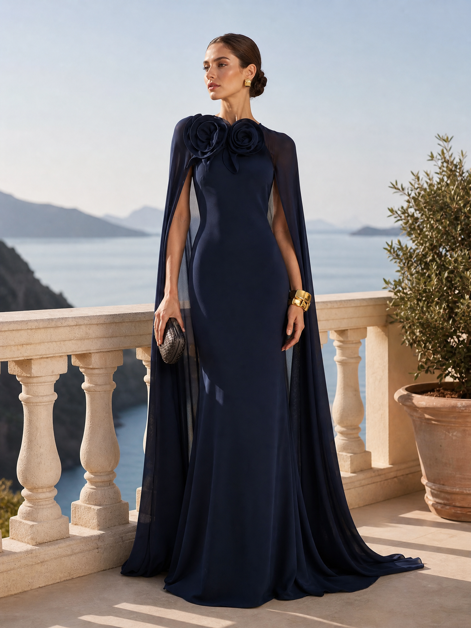 3D Flower Chiffon Cape Maxi Dress
