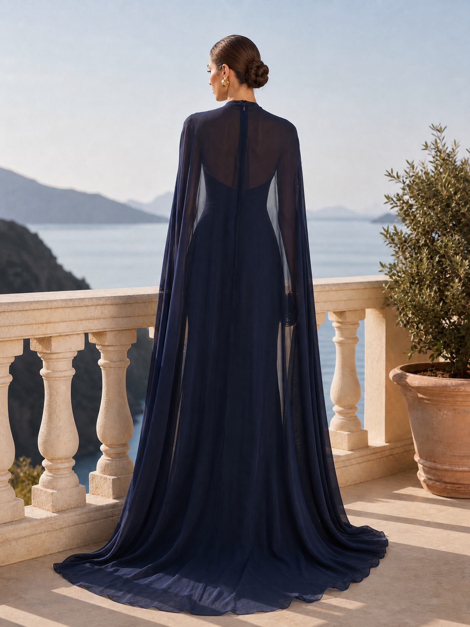 3D Flower Chiffon Cape Maxi Dress