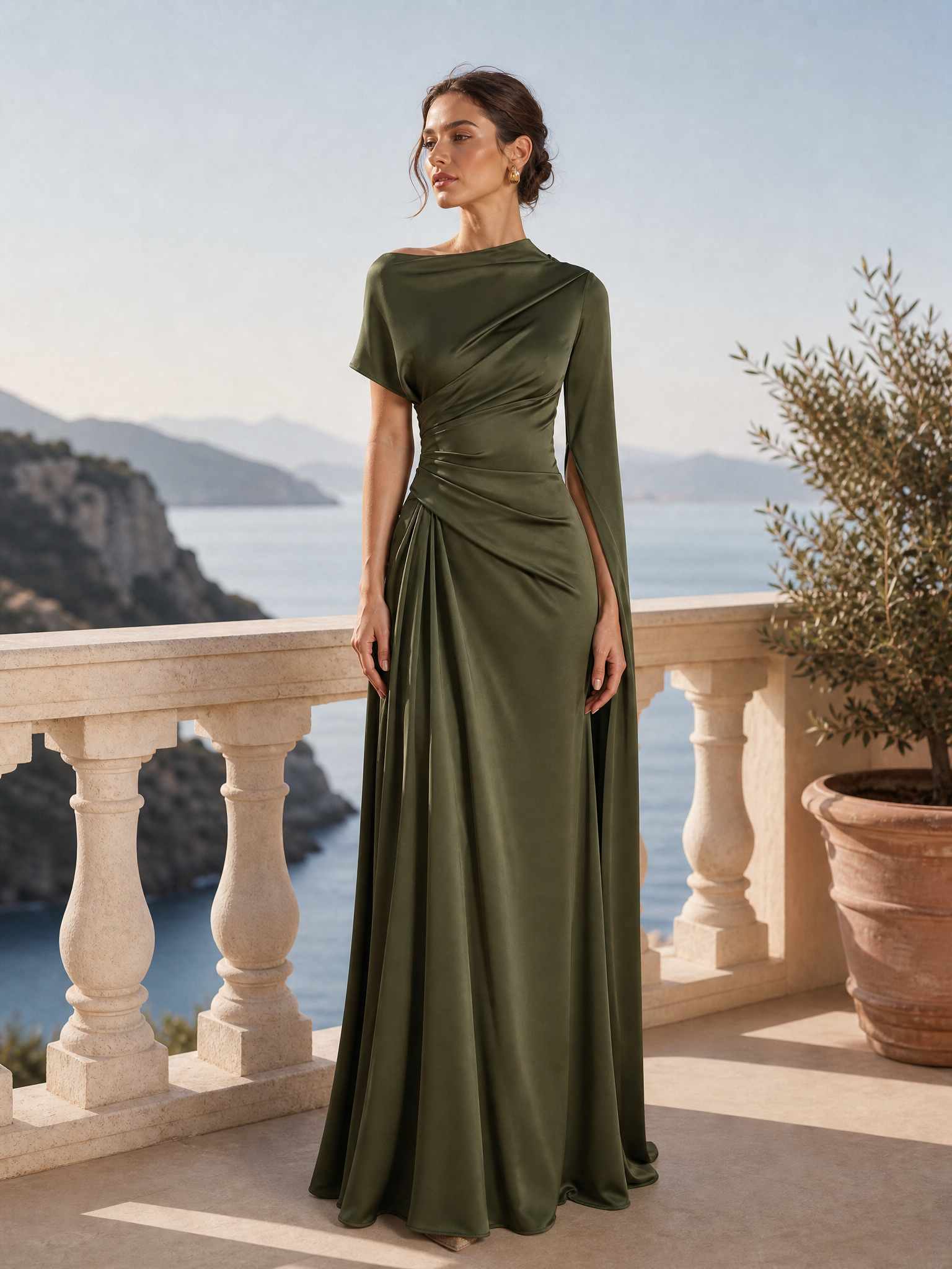 Satin Asymmetrical Neckline Draped Maxi Dress