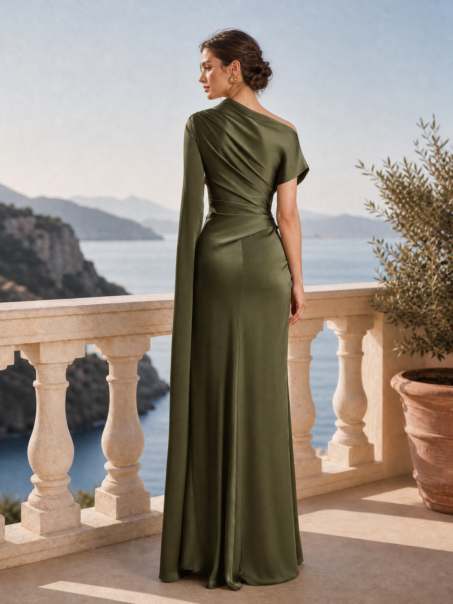 Satin Asymmetrical Neckline Draped Maxi Dress