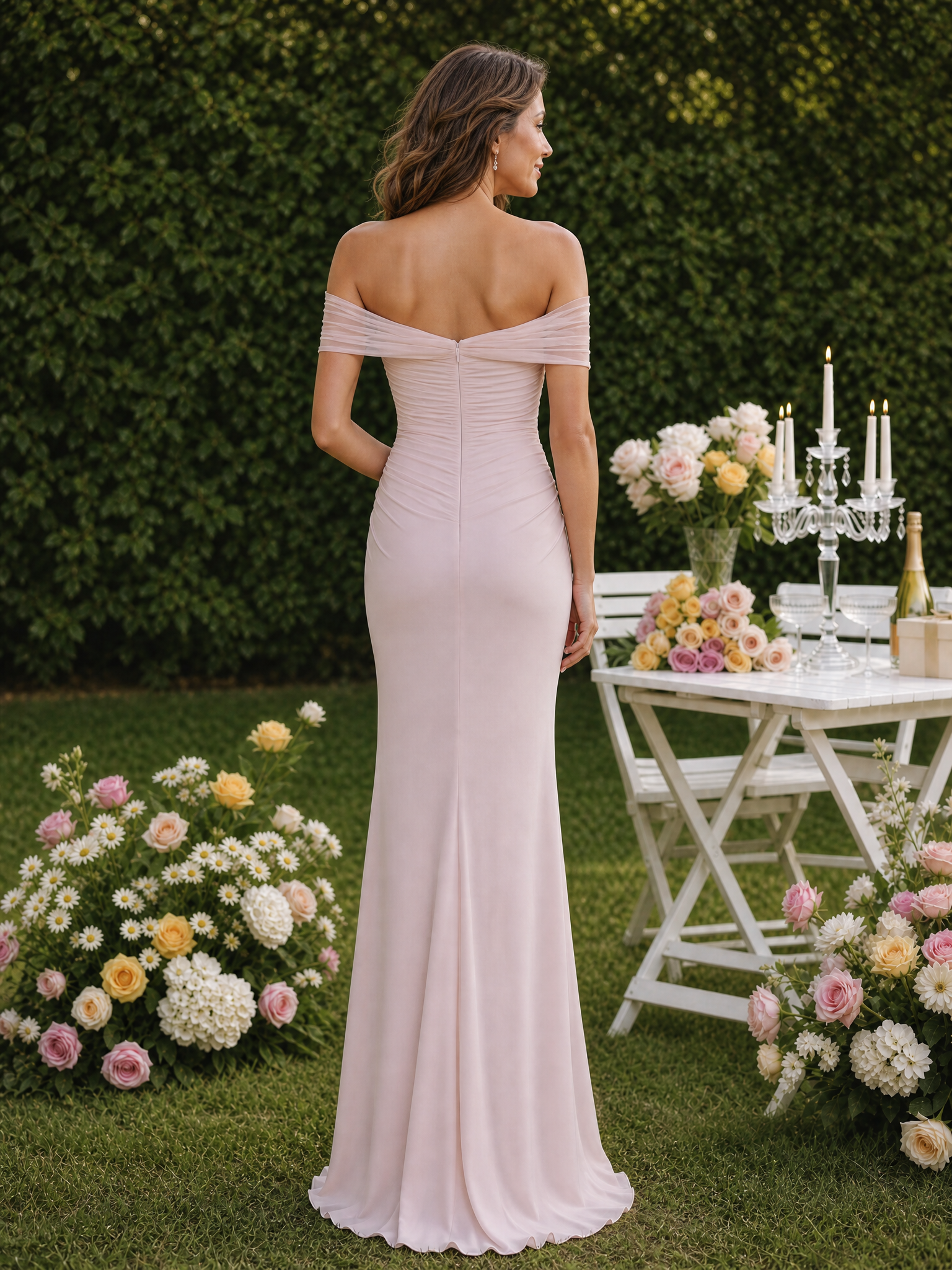 Blush Pink One-Shoulder Mesh-Patched Pleated Mermaid Maxi Dress