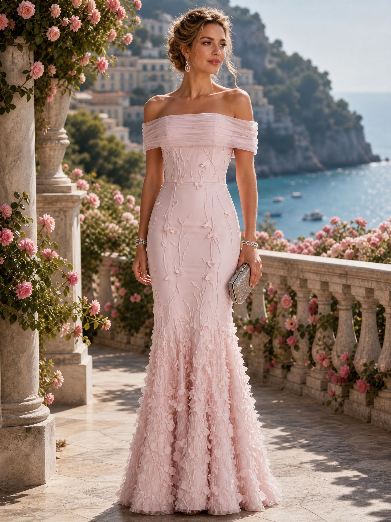 Light Pink 3D Floral Embroidery Classic Off The Shoulder Short Sleeve Mermaid Gown Dress