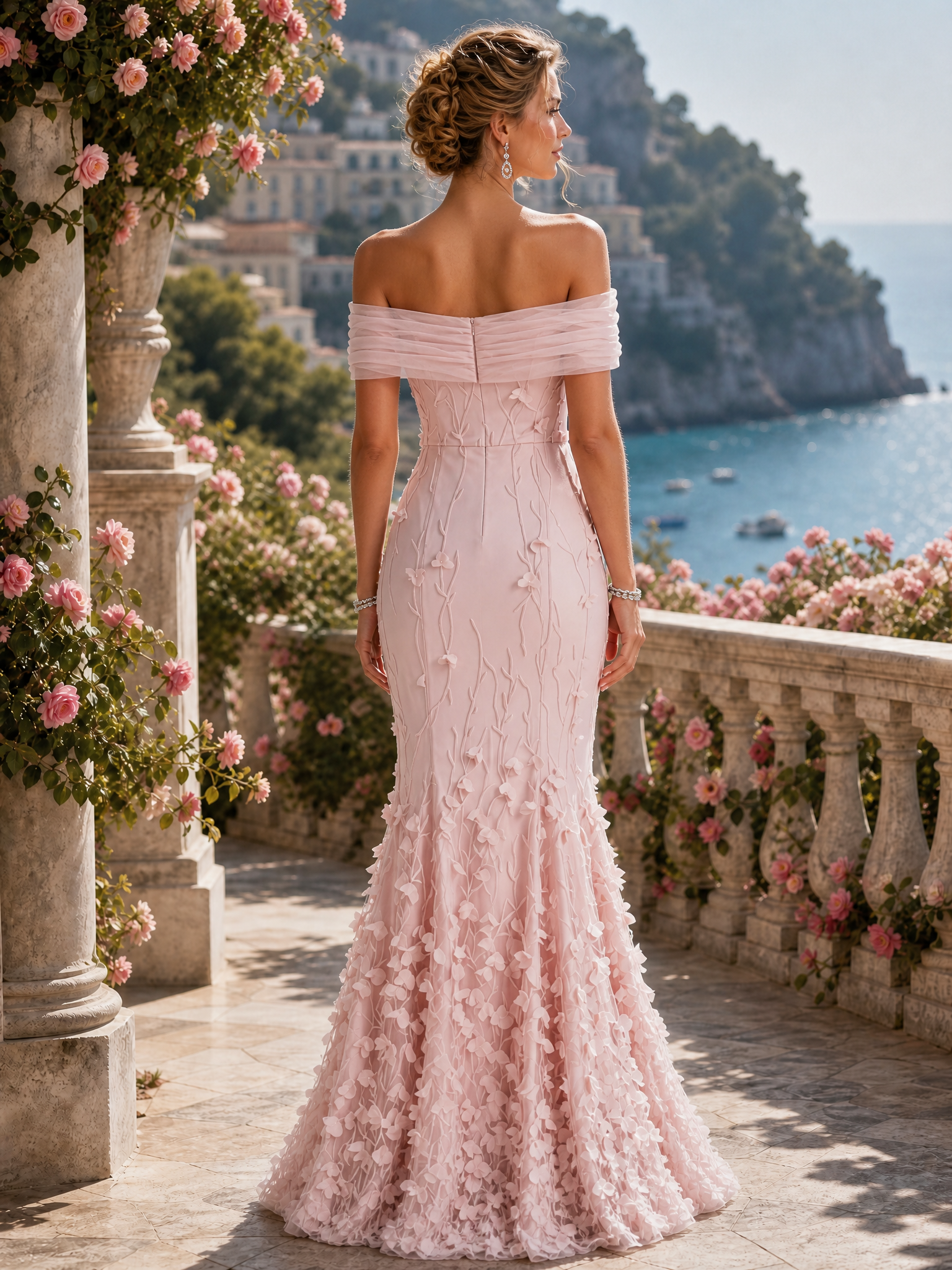 Light Pink 3D Floral Embroidery Classic Off The Shoulder Short Sleeve Mermaid Gown Dress