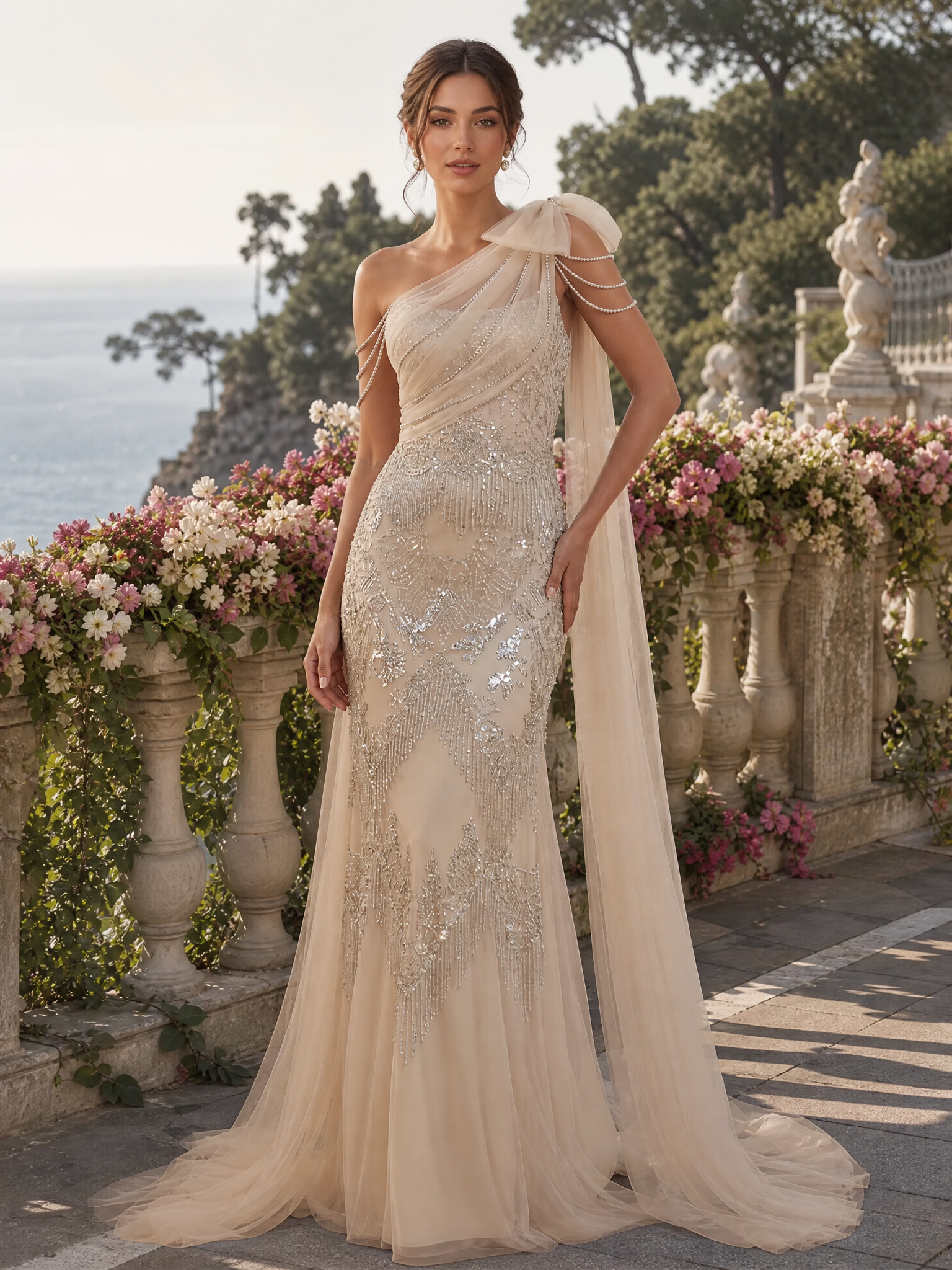 Sparkly Apricot Mermaid One Shoulder Long Beaded Formal Dress with Cape