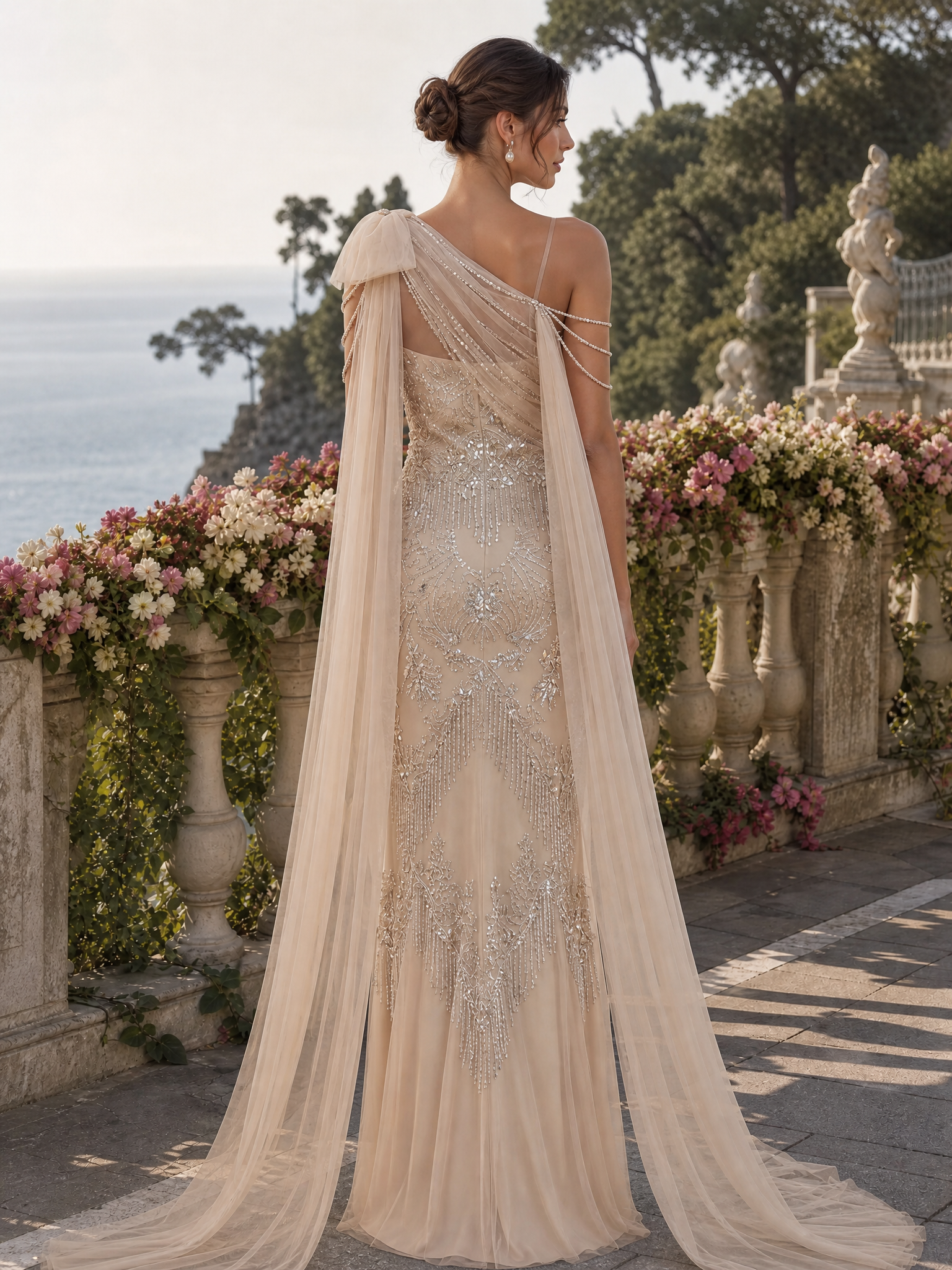 Sparkly Apricot Mermaid One Shoulder Long Beaded Formal Dress with Cape