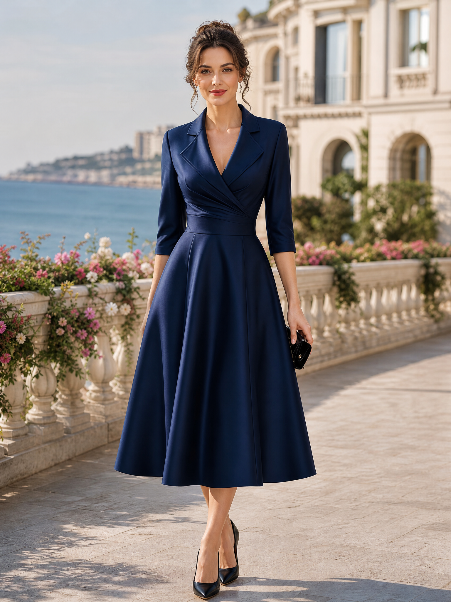 Satin Blazer-Collar Wrap-Waist A-Line Midi Dress