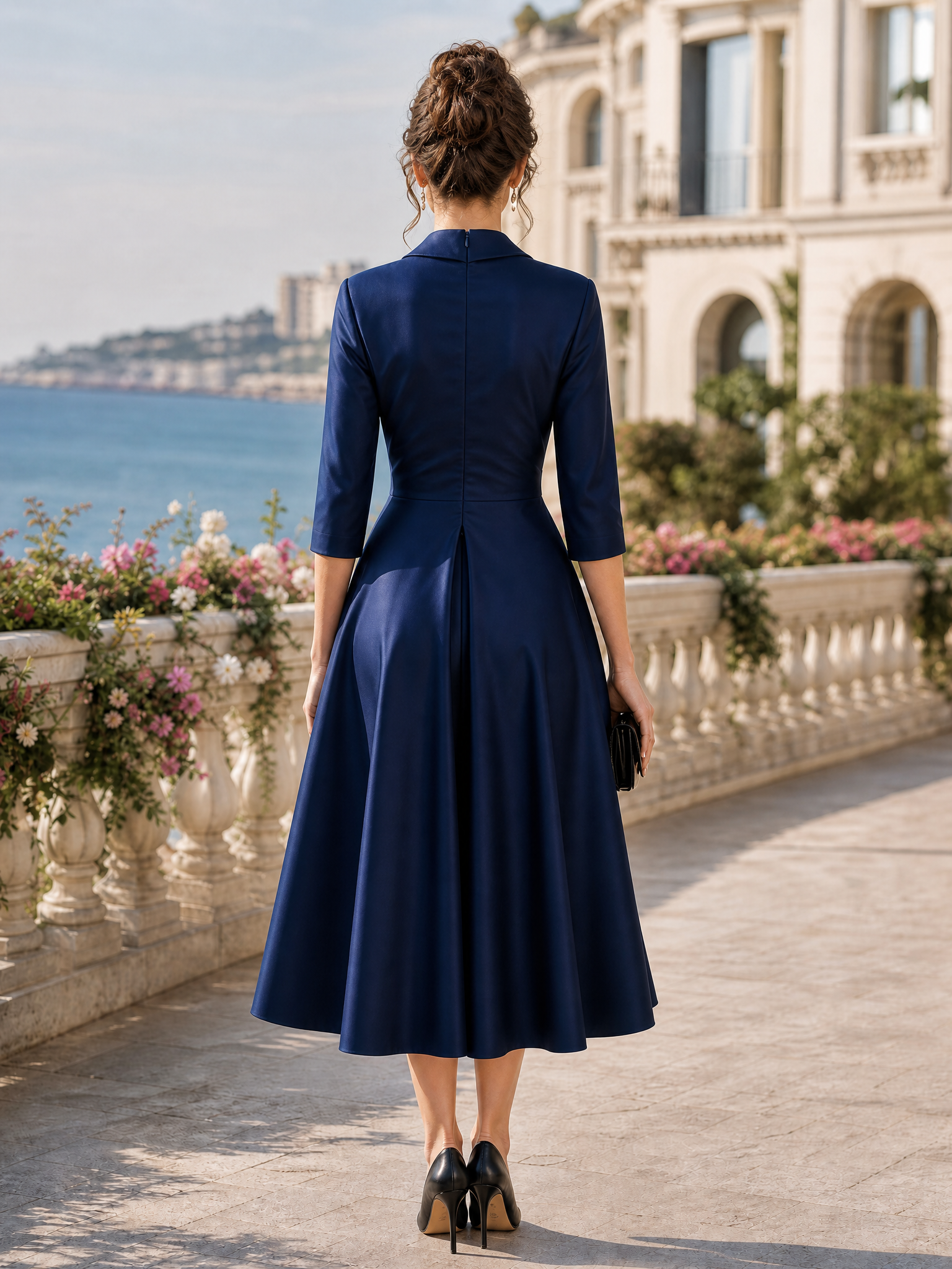 Satin Blazer-Collar Wrap-Waist A-Line Midi Dress