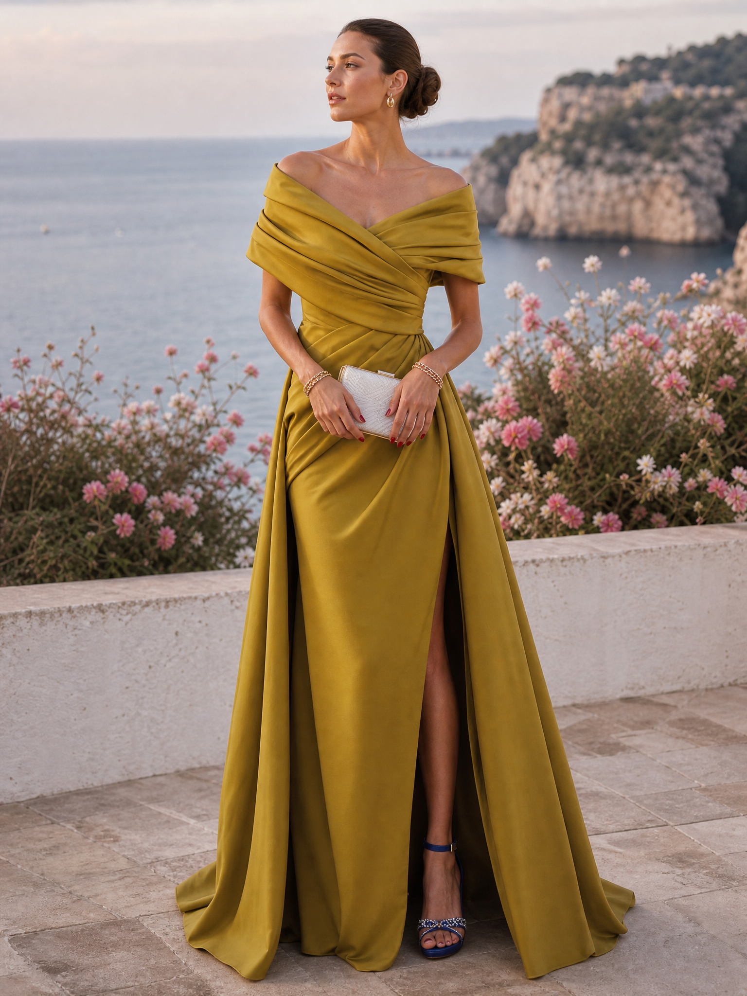 Mustard Yellow Off Shoulder Twisted Ruched Satin Maxi Dress