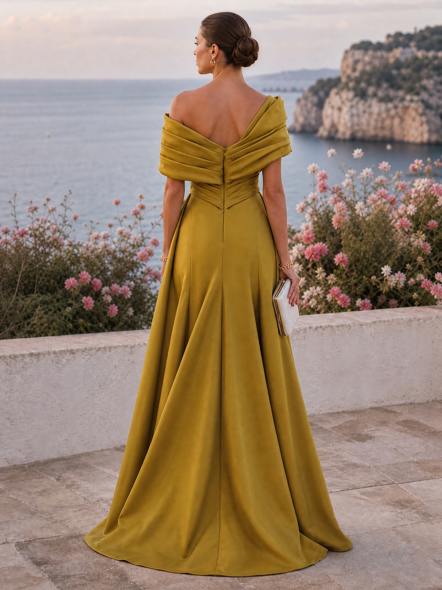 Mustard Yellow Off Shoulder Twisted Ruched Satin Maxi Dress