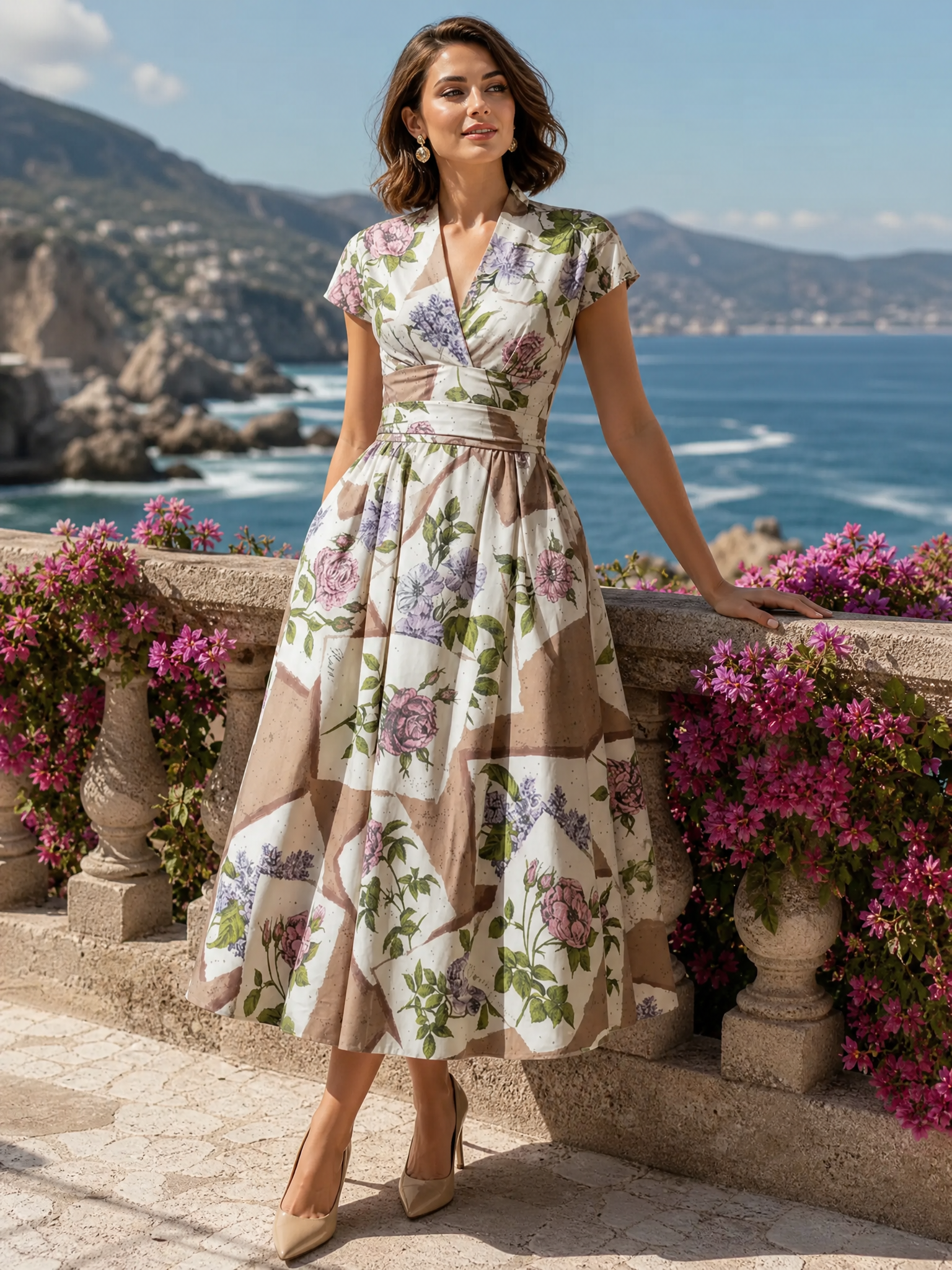 Cap‑Sleeve Surplice V‑Neck Patchwork Floral Print Midi Dress With Pockets
