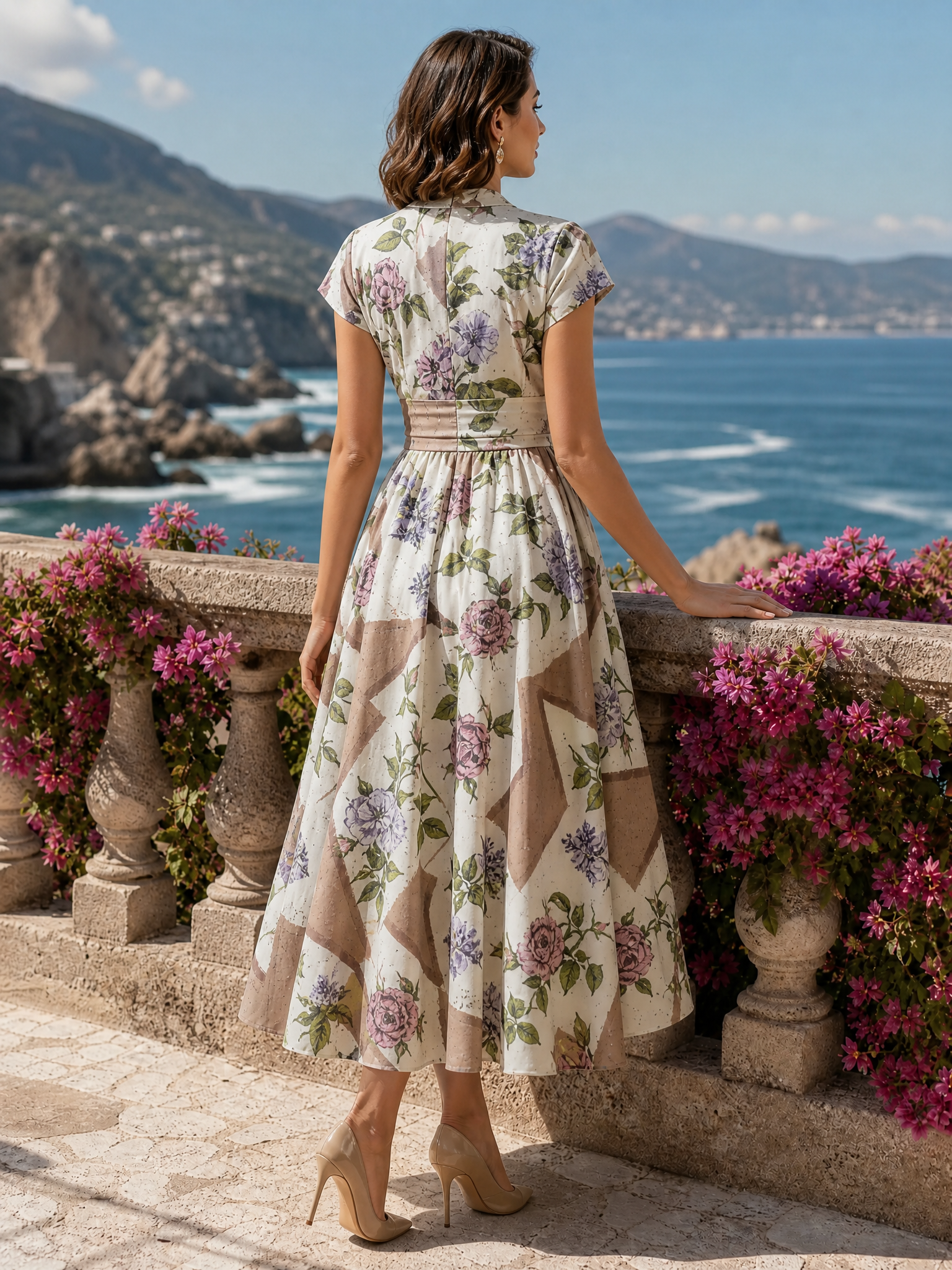 Cap‑Sleeve Surplice V‑Neck Patchwork Floral Print Midi Dress With Pockets