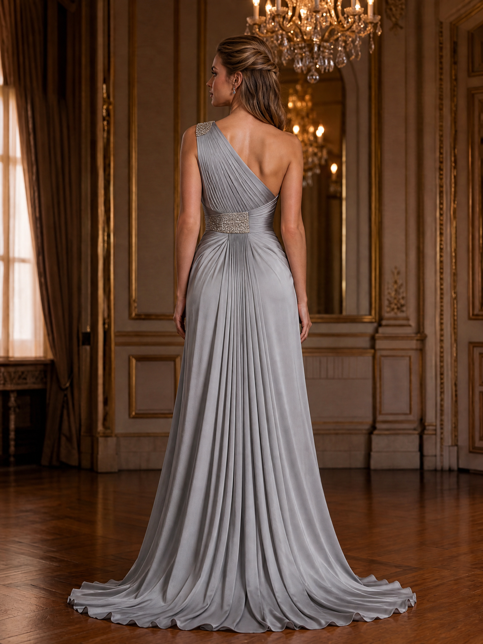 Silver Grey One-Shoulder Pleated Satin Maxi Dress