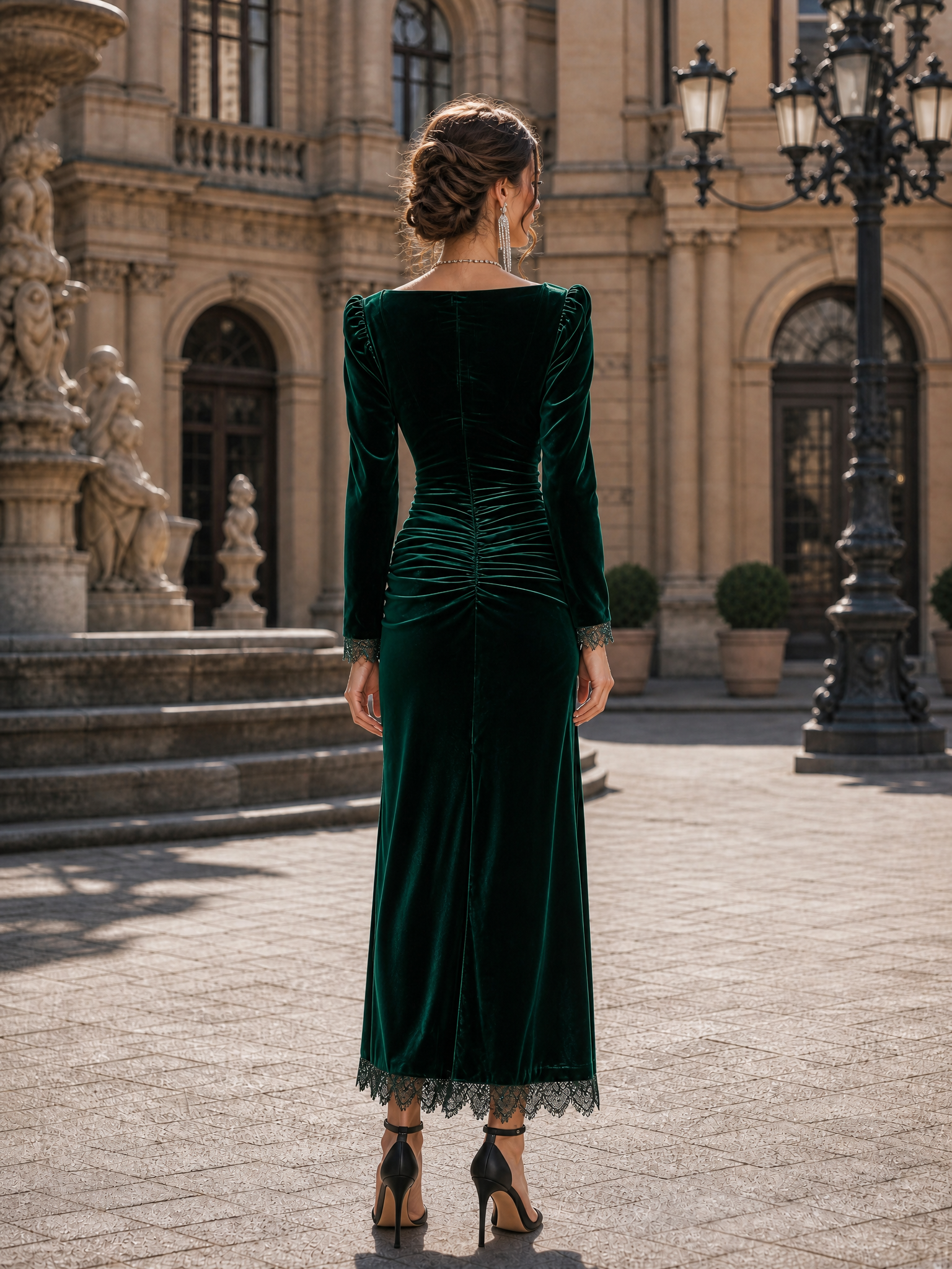 Formal Party Dress Emerald Green Square Neck Ruched Velvet Maxi Dress with Slit
