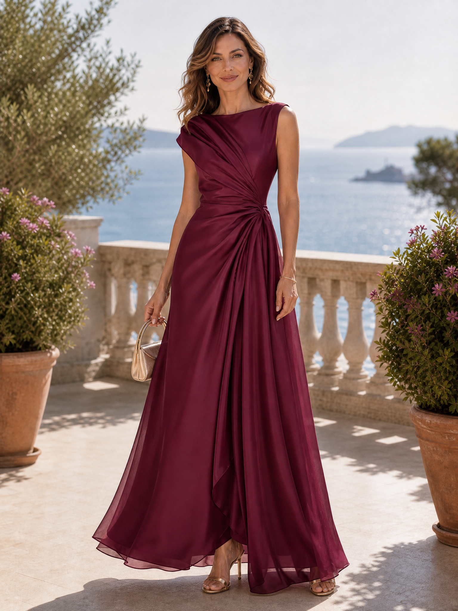 Wine Red Organza Sleeveless Asymmetrical Draped Cinched-Waist Maxi Dress