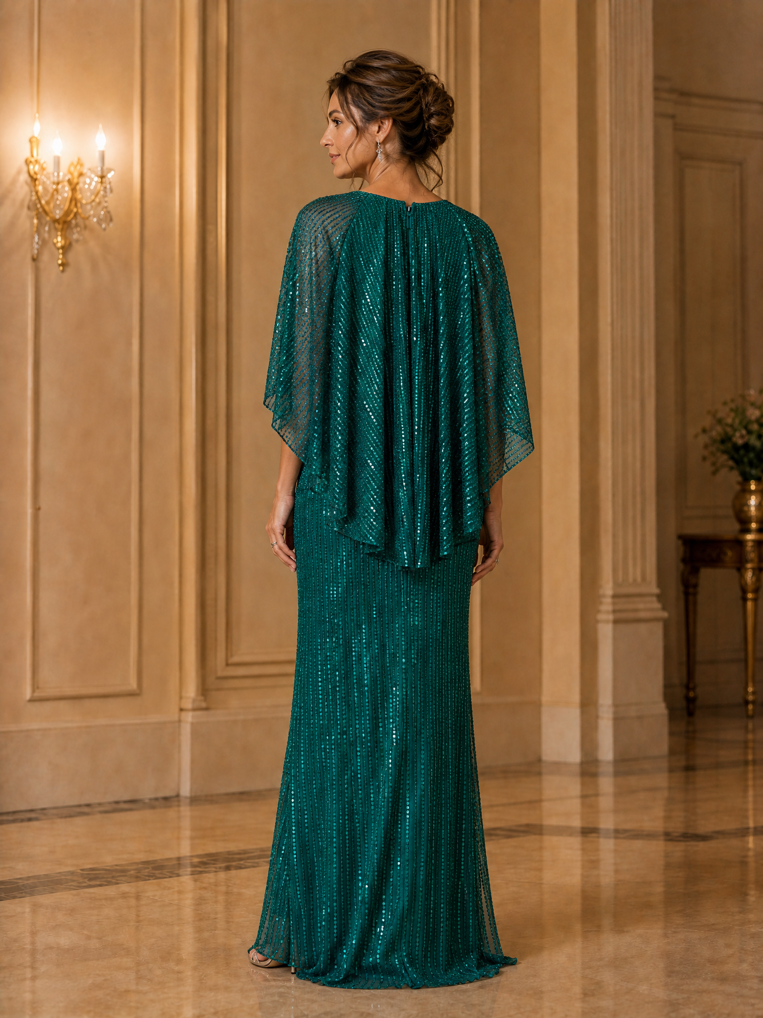 Green Sequin Dolman Sleeve Sheath Maxi Dress