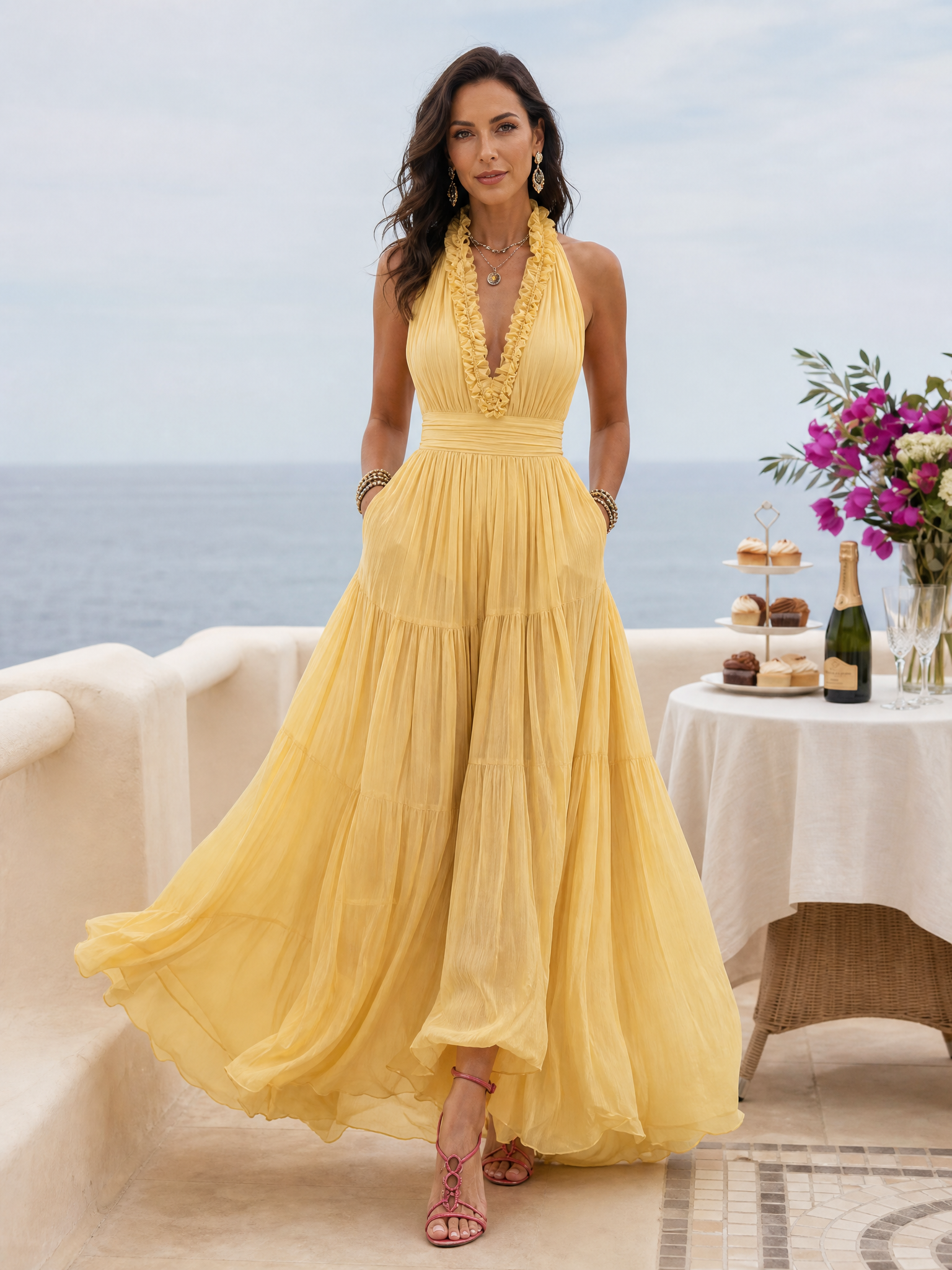Chiffon V-neck Halter Neck Ruffled Trim Cinched Waist Maxi Dress