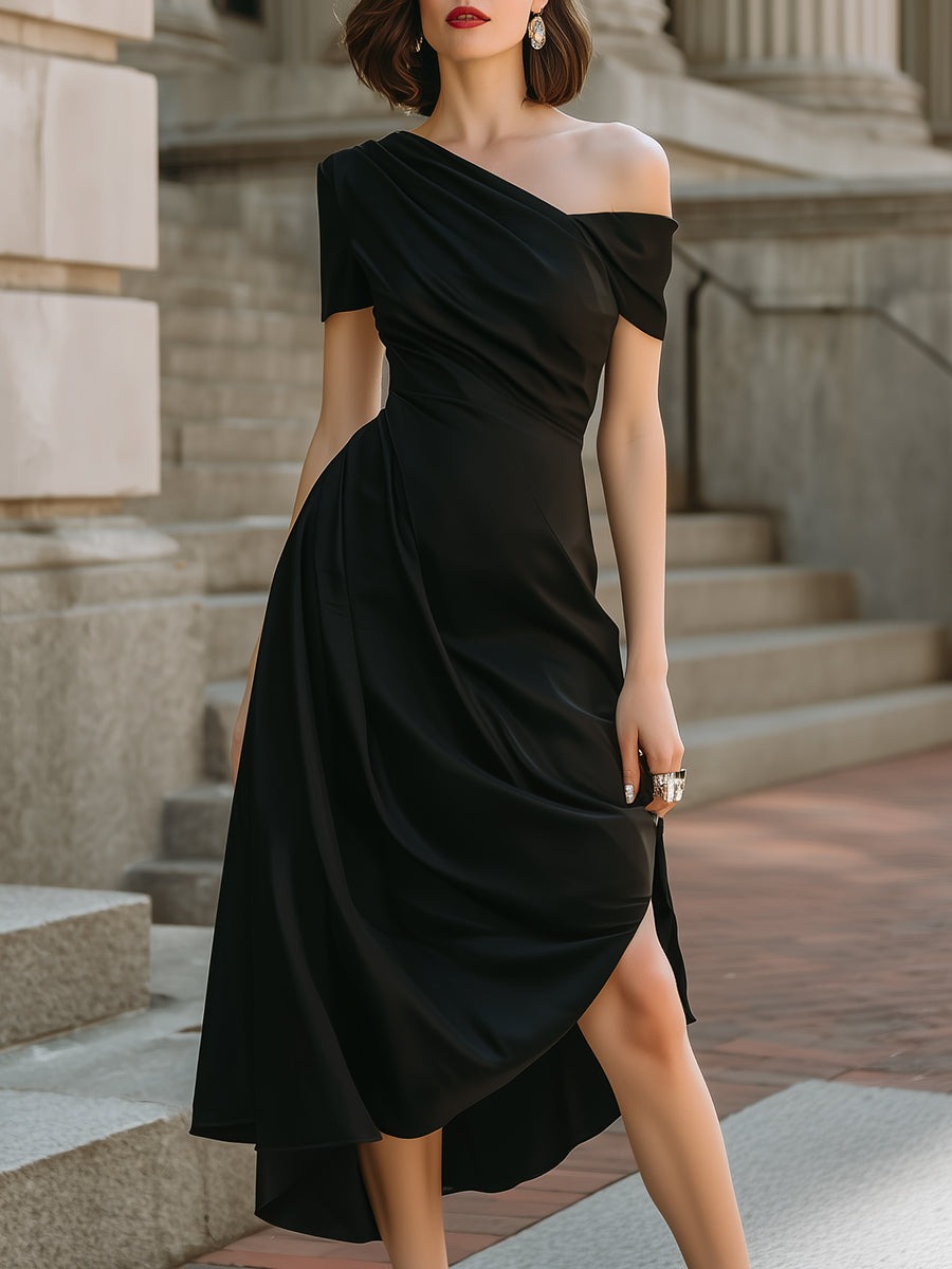 Asymmetric One-Shoulder Draped Midi Dress