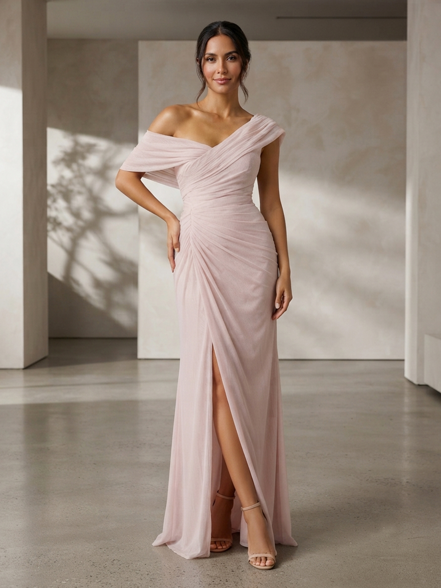 Blush Pink Off‑The‑Shoulder Draped Ruched High‑Slit Column Evening Gown