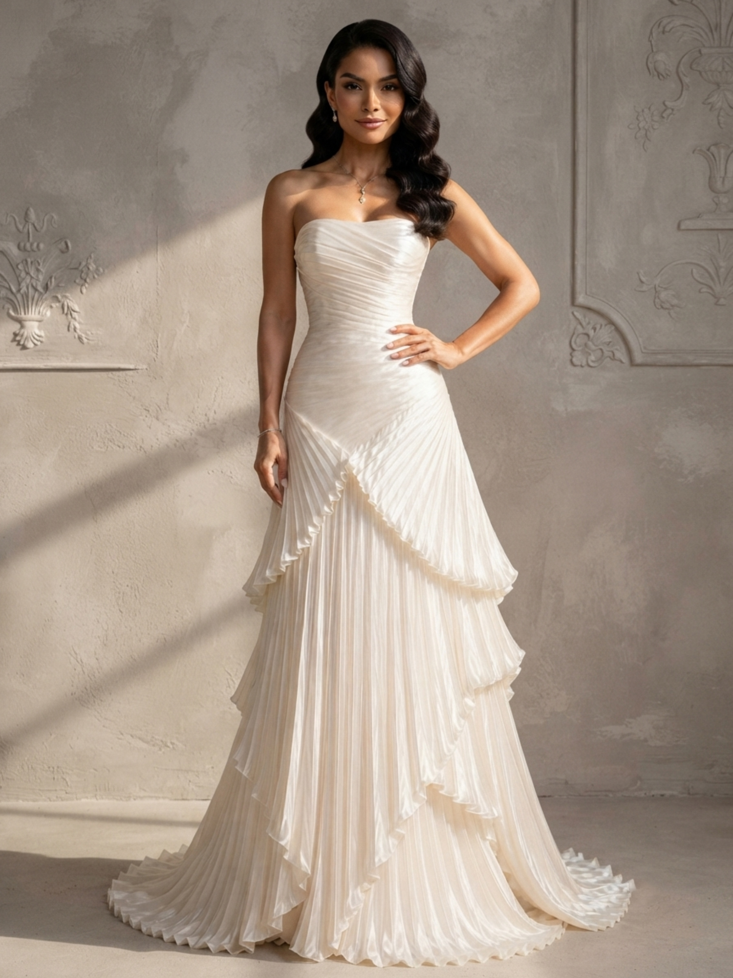 Ivory Strapless Pleated Tiered Ruffle Mermaid Wedding Gown