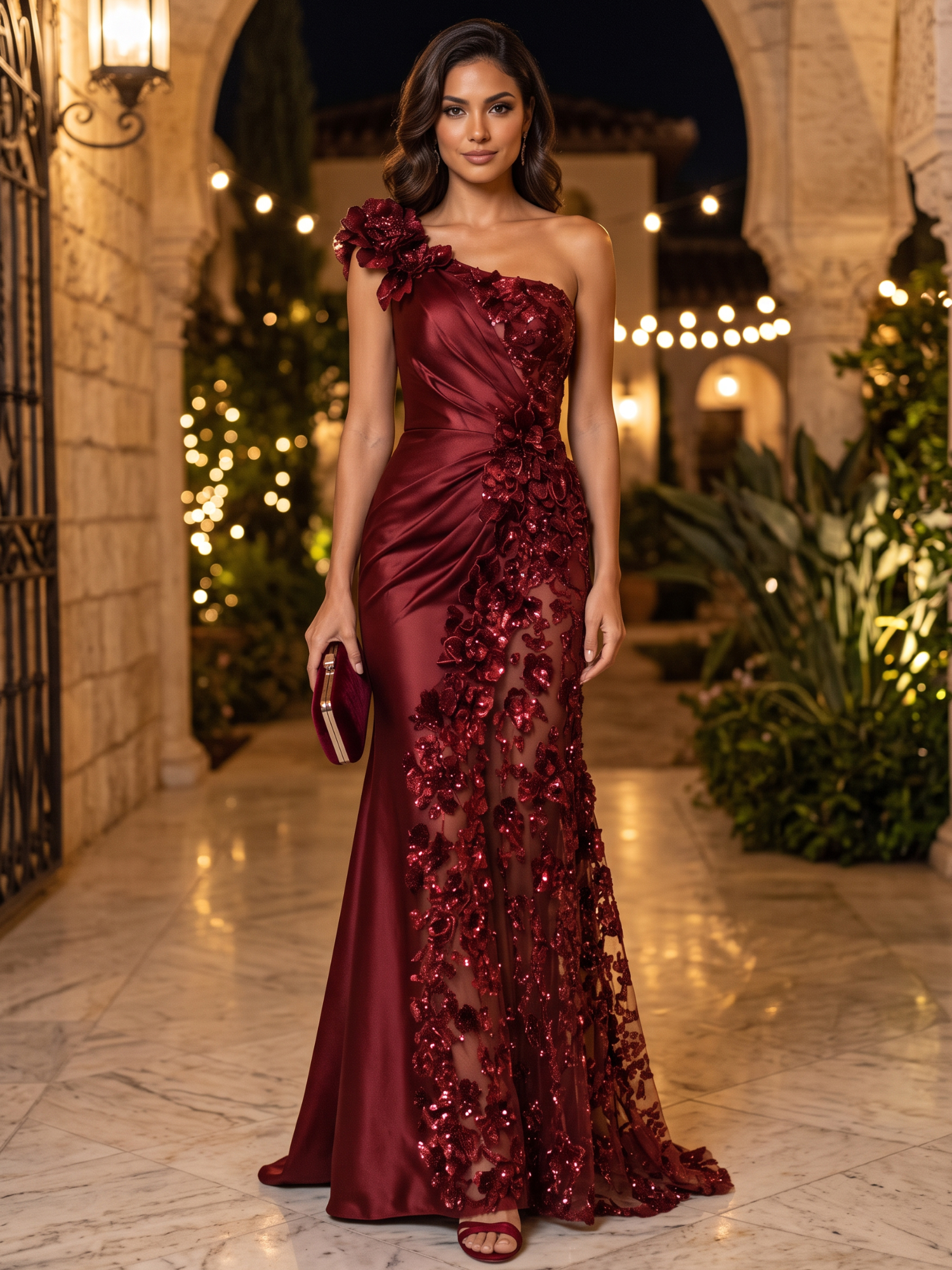 Burgundy One Shoulder Floral Mesh Mermaid Gown