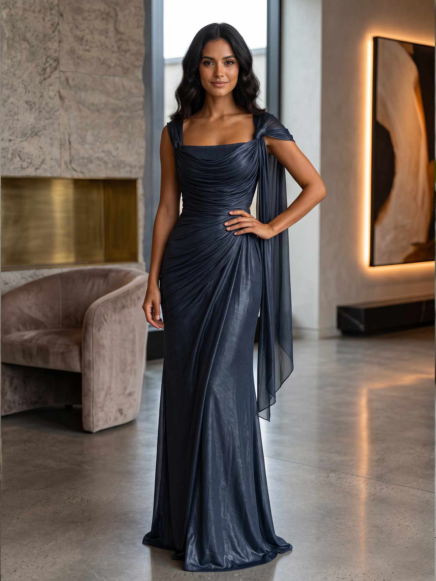 Navy Blue Draped Shoulder Sash Mermaid Formal Gown