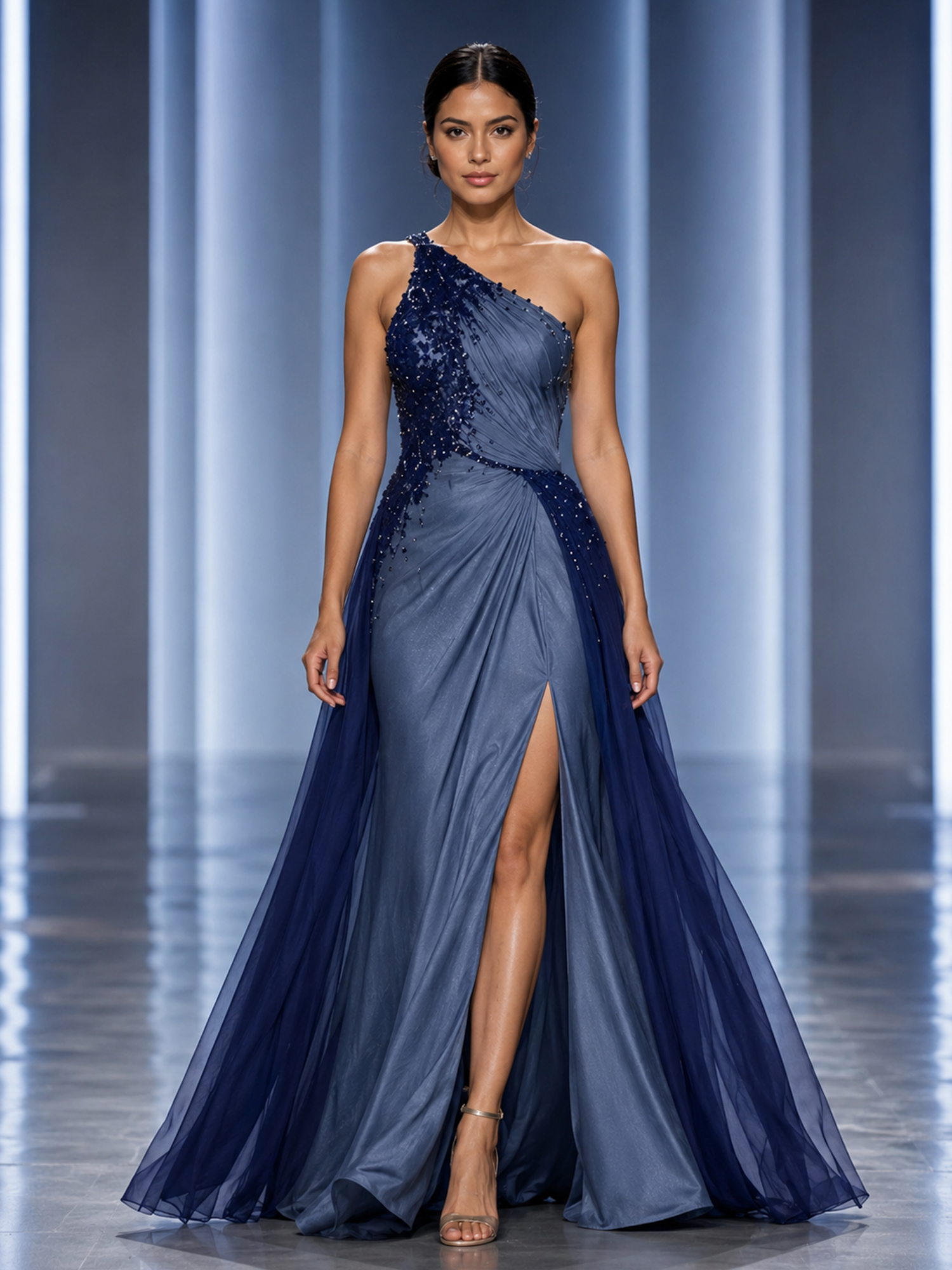 Two‑Tone Navy One‑Shoulder Beaded Appliqué Overskirt High‑Slit Evening Gown