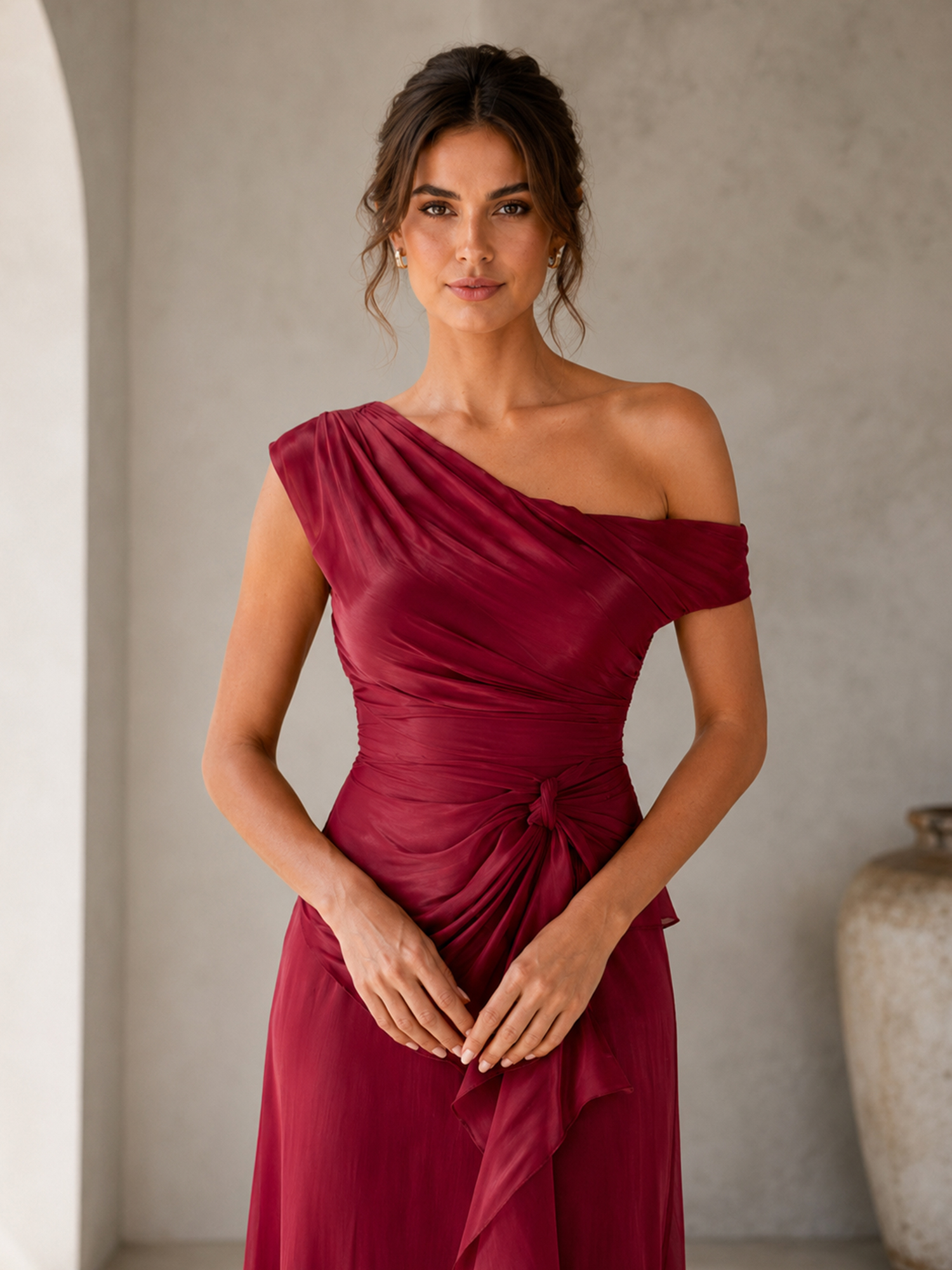 Asymmetric One‑Shoulder Draped Chiffon Floor‑Length Evening Gown With Waist Knot Ruffle Detail