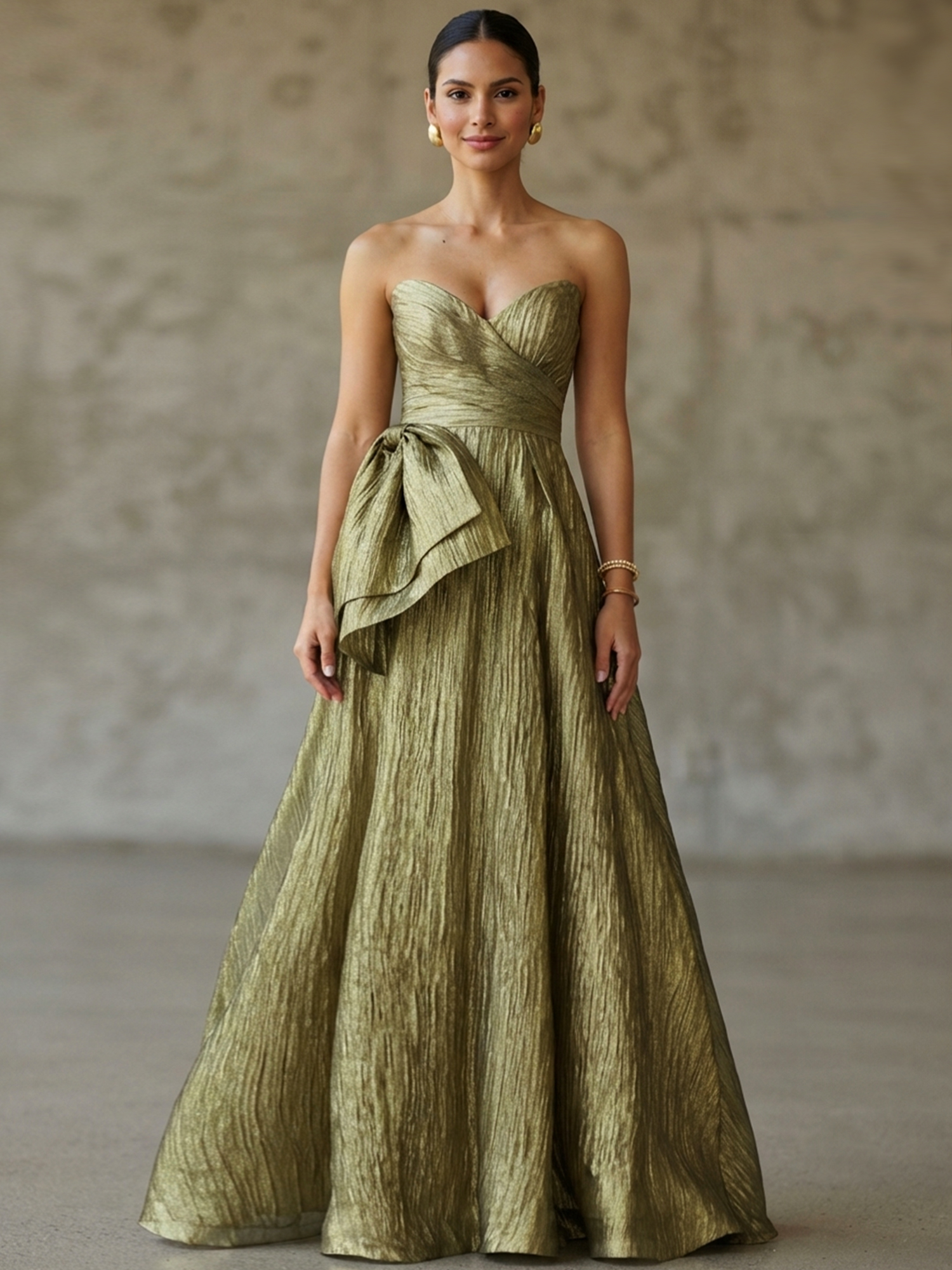 Olive Green Metallic Strapless Bow A-Line Formal Gown