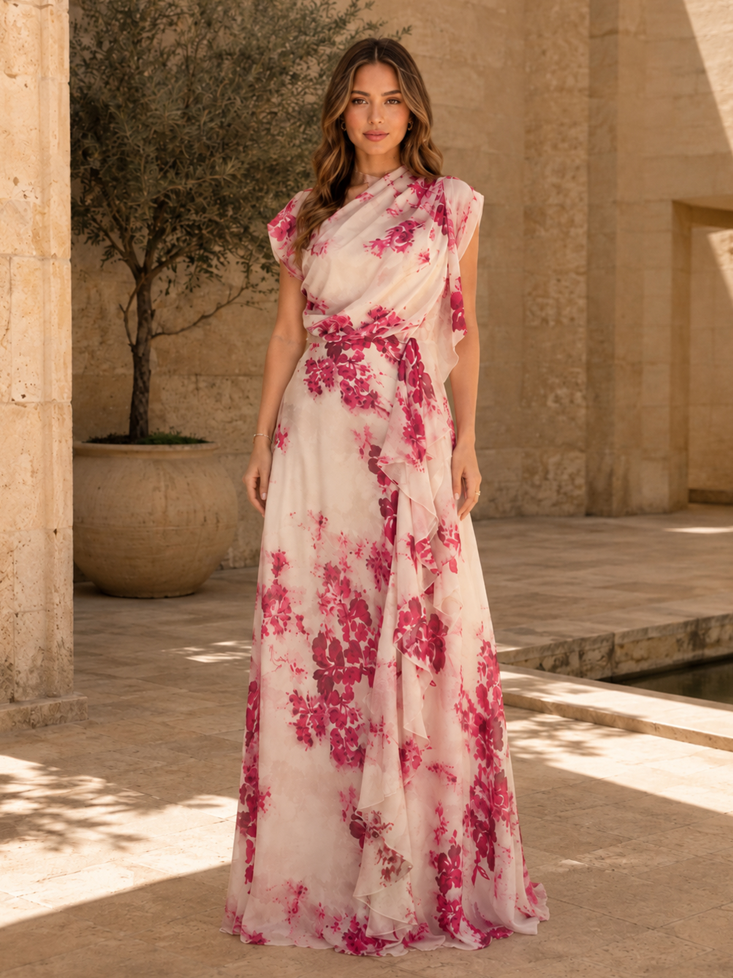 Fuchsia Floral Print Draped Chiffon A‑Line Maxi Evening Gown