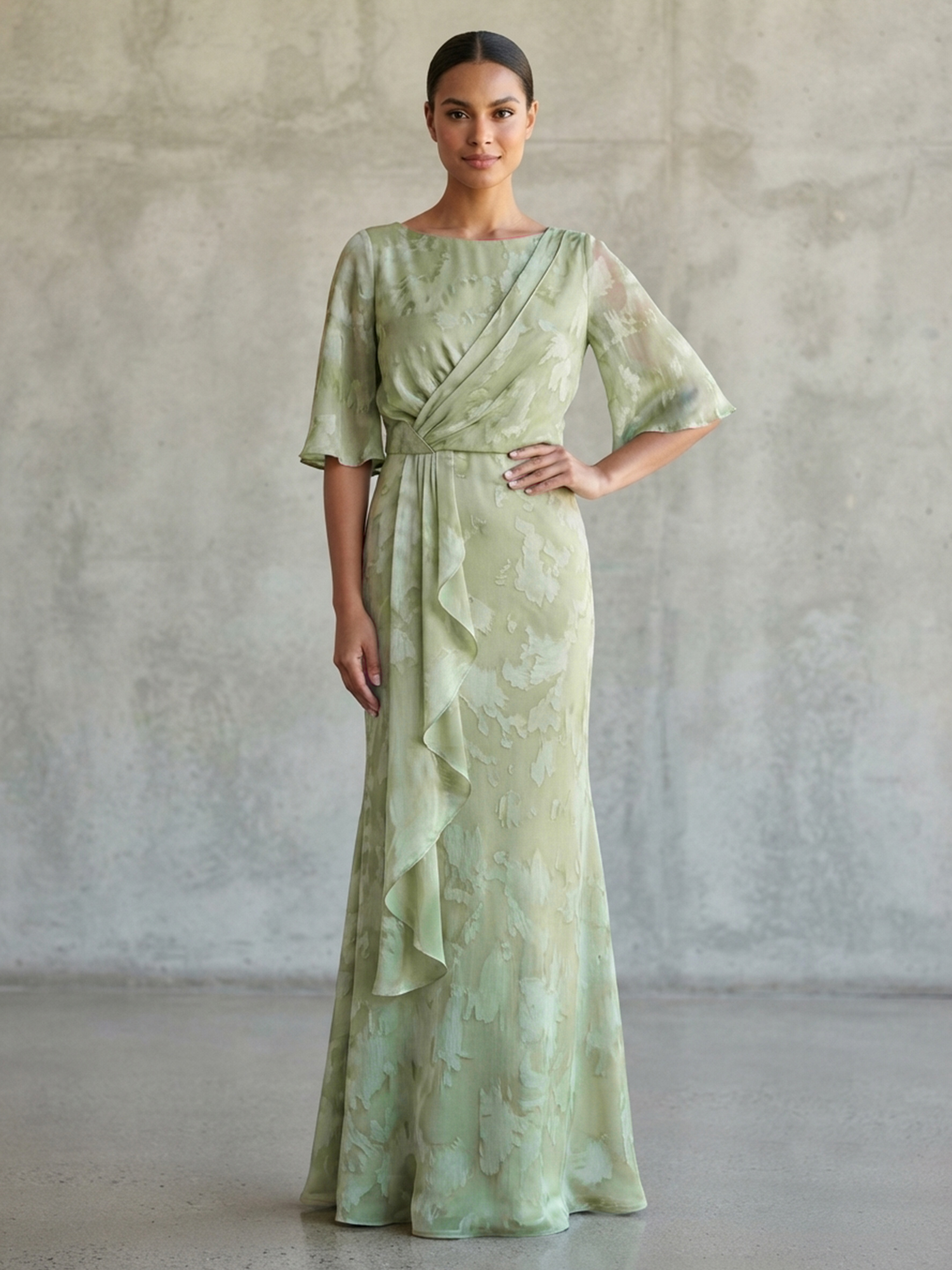Sage Green Bateau Neck Flutter Sleeve Printed Chiffon Mermaid Maxi Dress