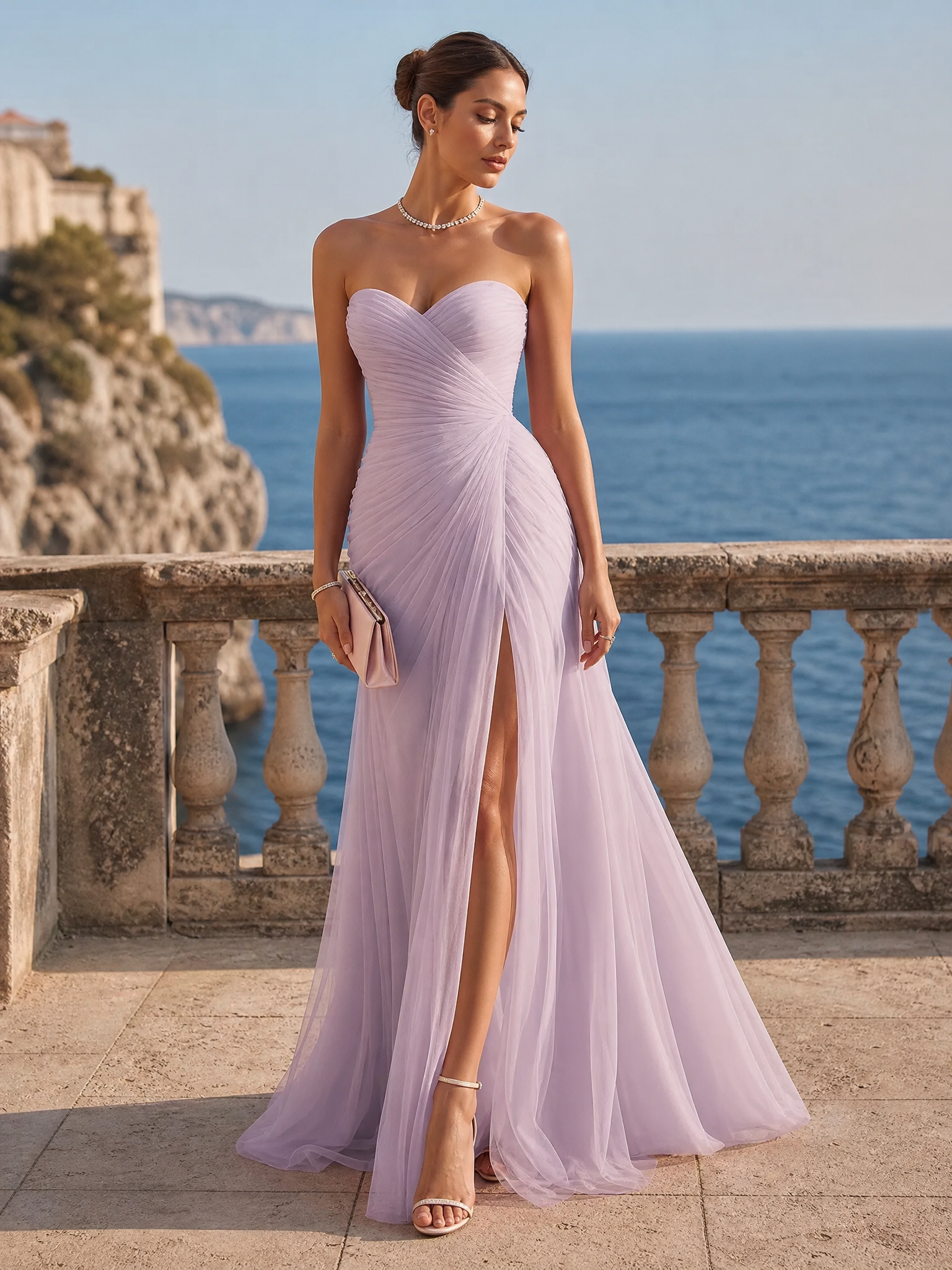 Ruched Slit Tulle Strapless Sleeveless Sheath Gown Dress