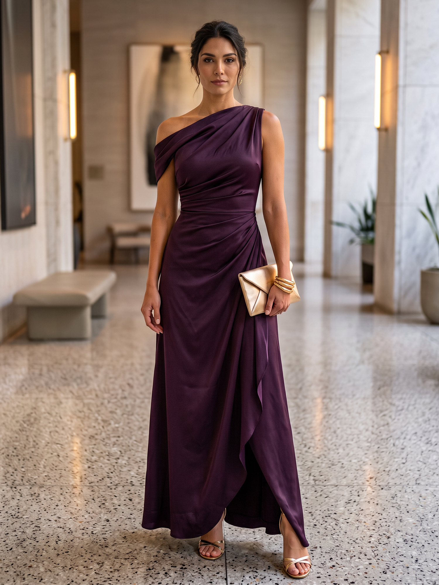 Dark Purple One‑Shoulder Draped Satin Faux‑Wrap High‑Slit Floor‑Length Evening Gown