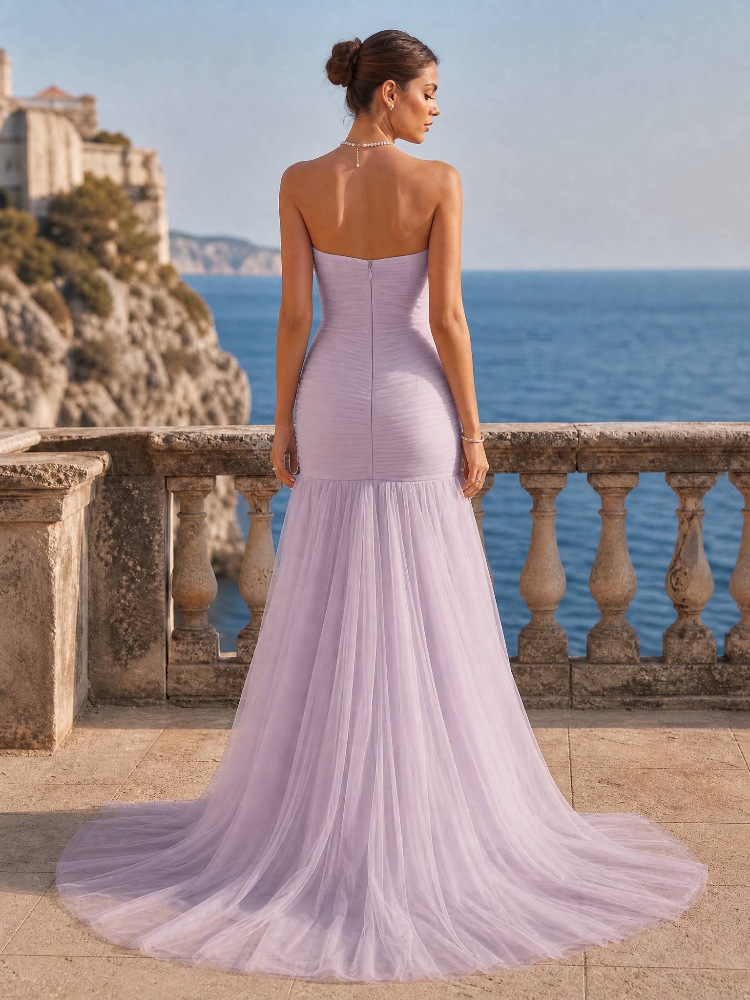Ruched Slit Tulle Strapless Sleeveless Sheath Gown Dress