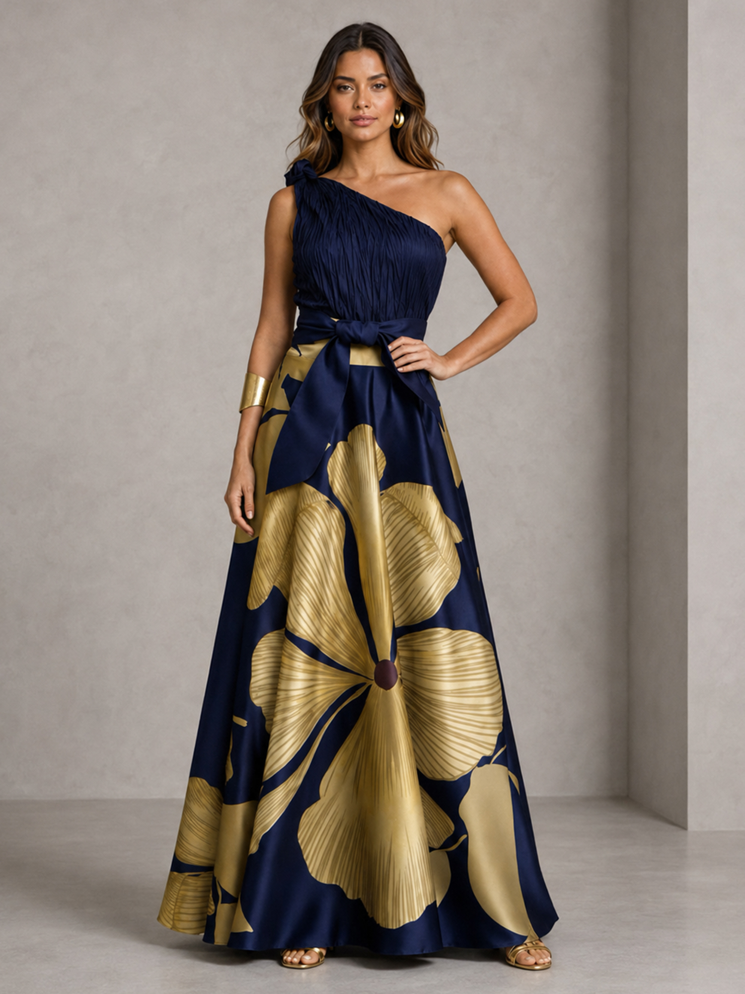 Navy Blue One Shoulder Ruched Bodice Gold Large Floral Print A-Line Maxi Gown