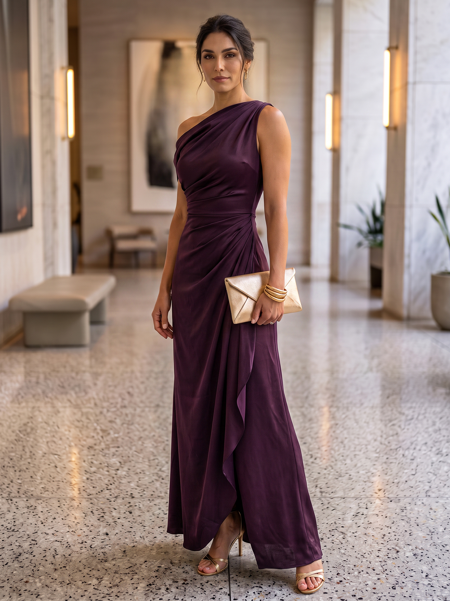 Dark Purple One‑Shoulder Draped Satin Faux‑Wrap High‑Slit Floor‑Length Evening Gown