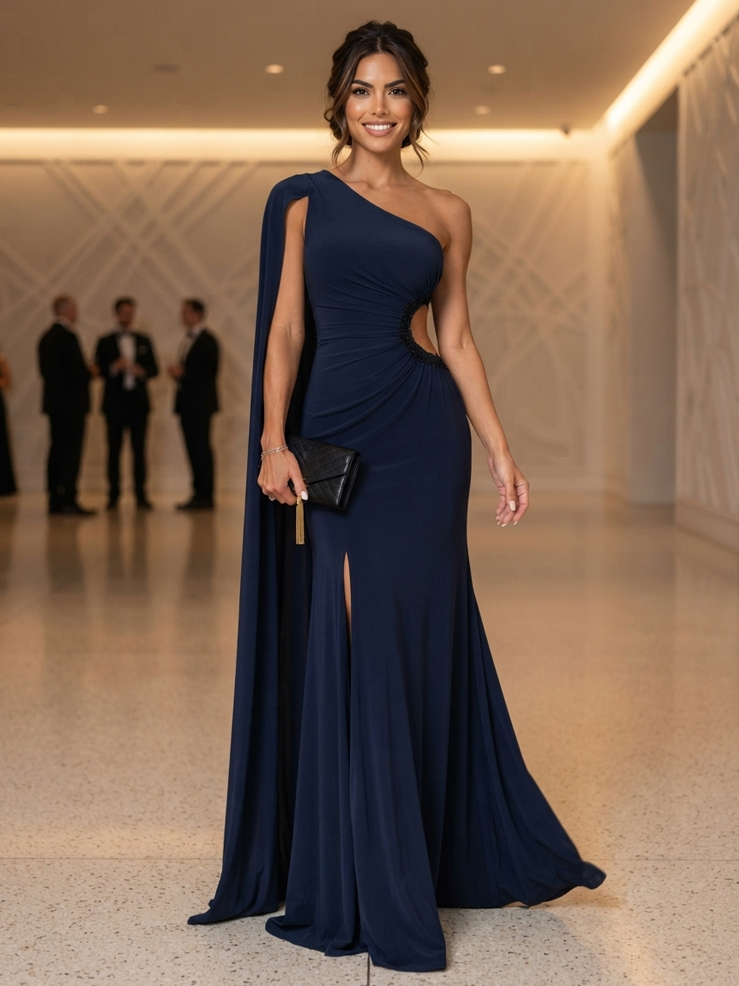 Navy One‑Shoulder Cape Sleeve Cutout Mermaid Floor‑Length Evening Gown