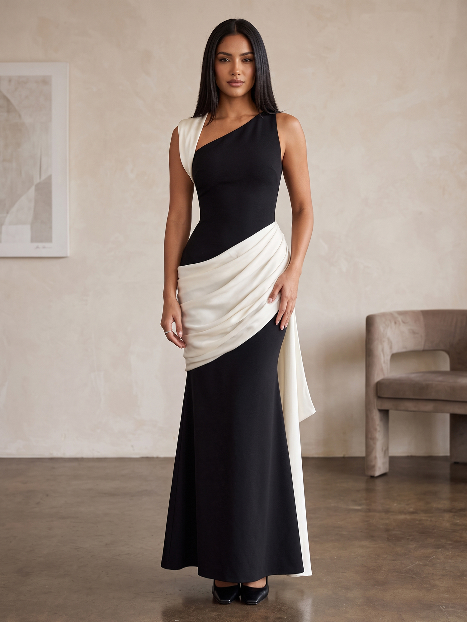 Black‑White Color‑Block One‑Shoulder Draped Sash Mermaid Evening Gown