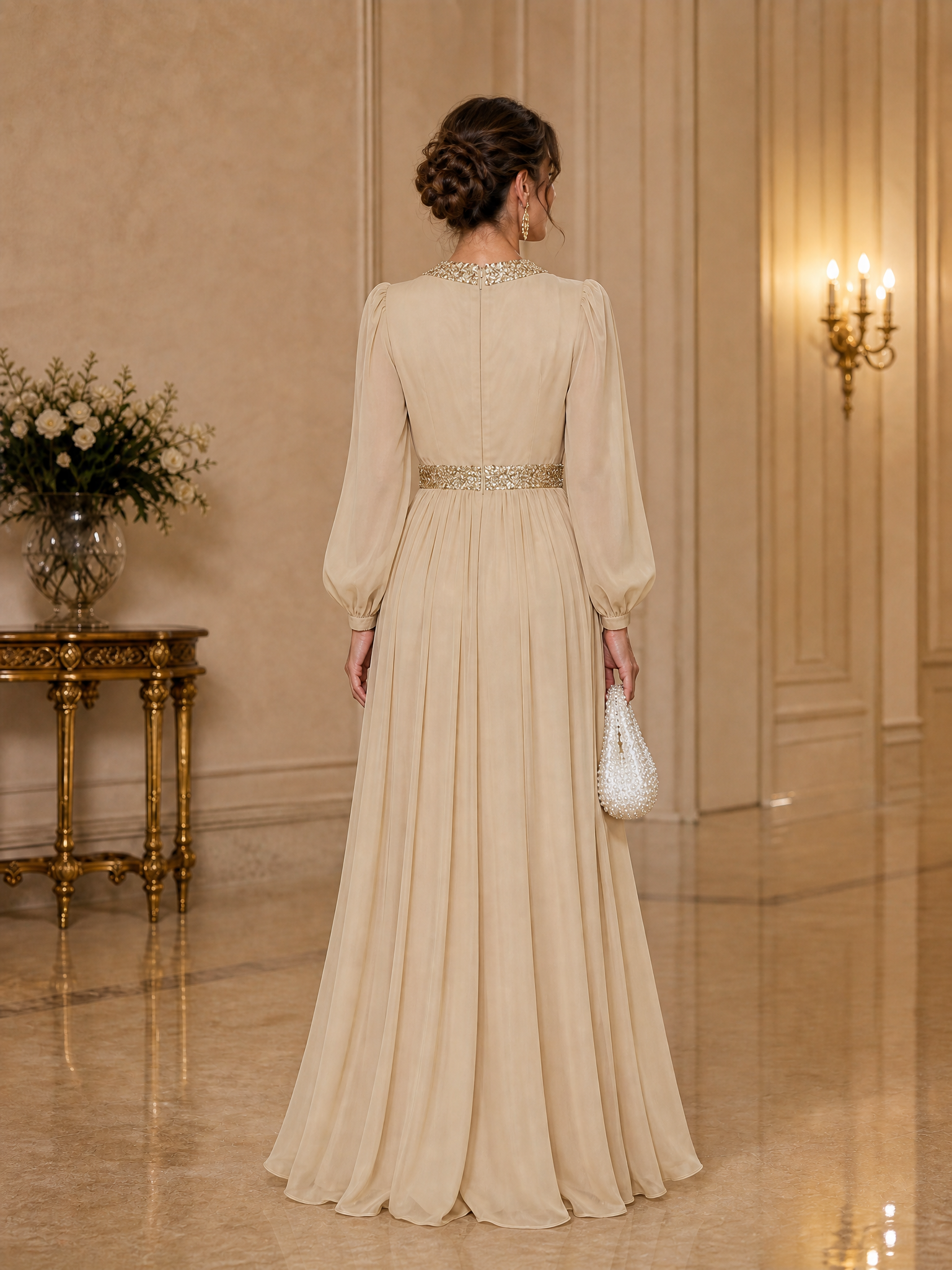 Elegant Beige Chiffon V-neck With Sequins Embellishments And A Side Slit Maxi Dress