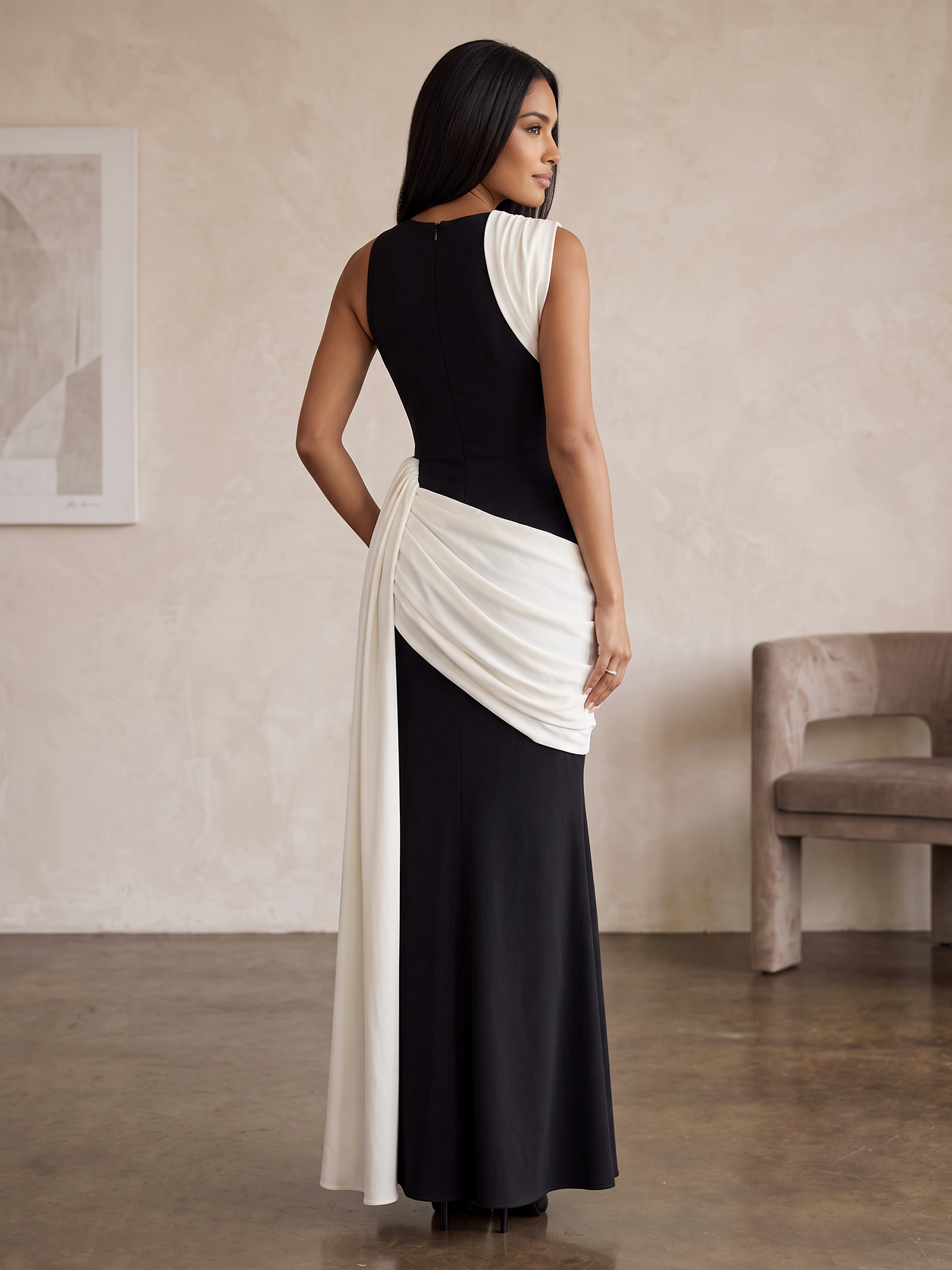 Black‑White Color‑Block One‑Shoulder Draped Sash Mermaid Evening Gown