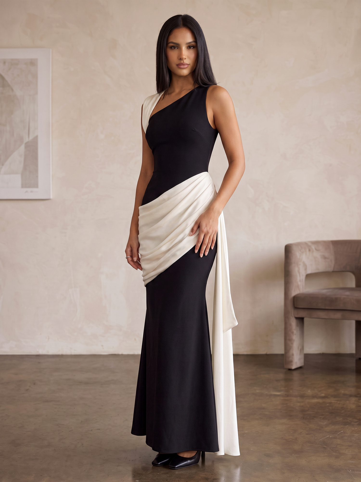 Black‑White Color‑Block One‑Shoulder Draped Sash Mermaid Evening Gown