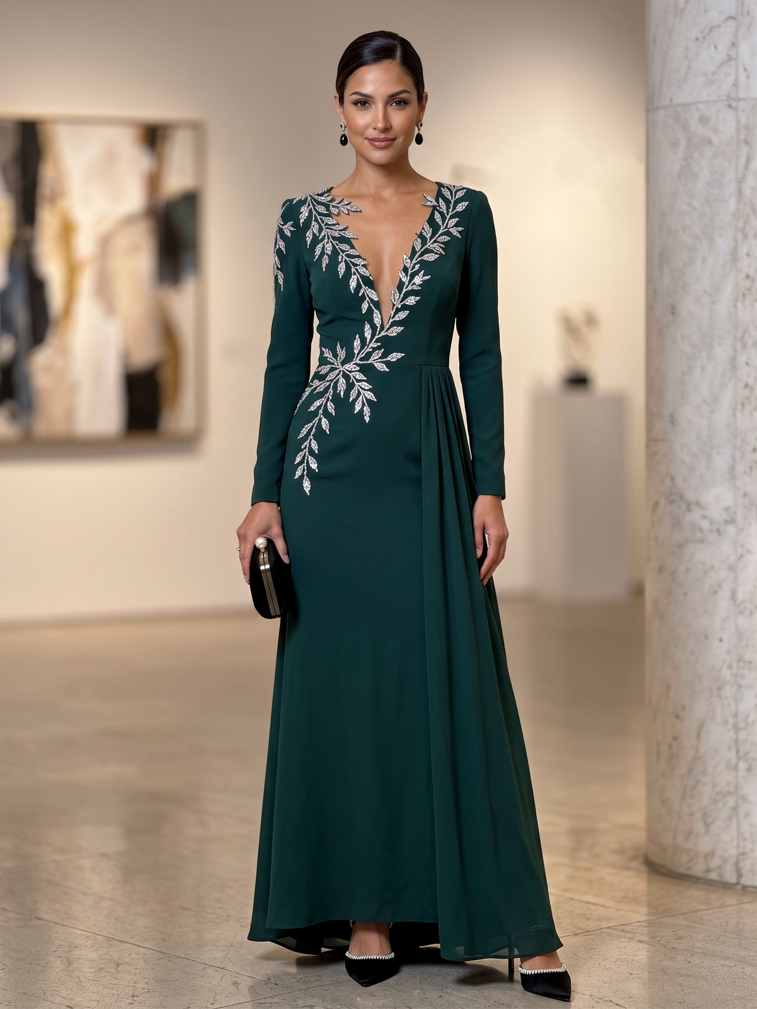 Emerald Green Deep V‑Neck Long Sleeve Silver Leaf Embroidery A‑Line Evening Gown