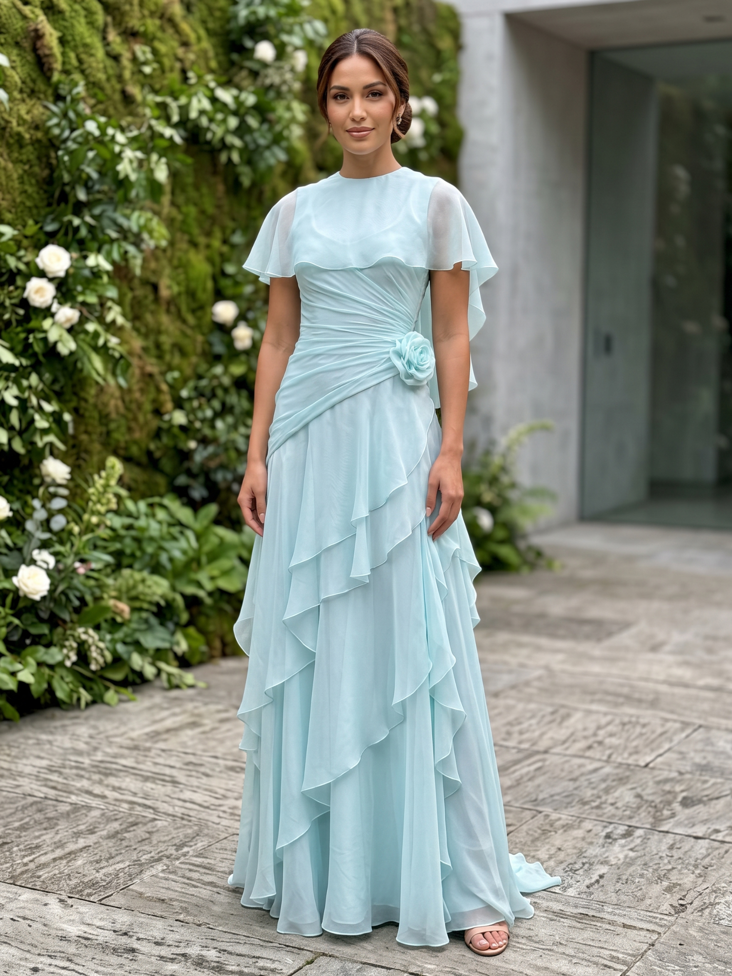 Light Blue High‑Neck Cape Sleeve Cascading Ruffle Floor‑Length Evening Dress