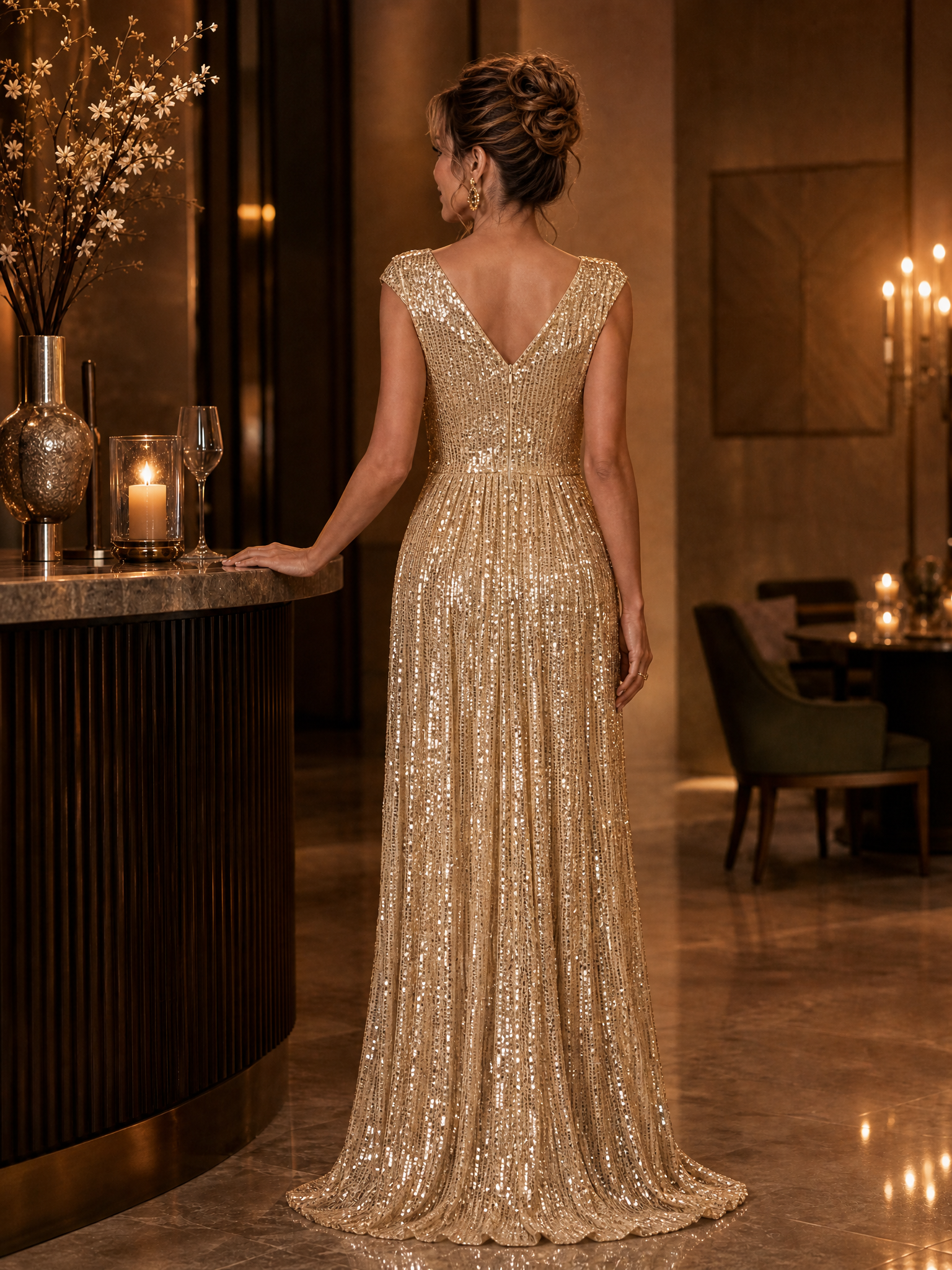 Evening Formal Dress Gold Sequin Off-The-Shoulder Maxi Gown