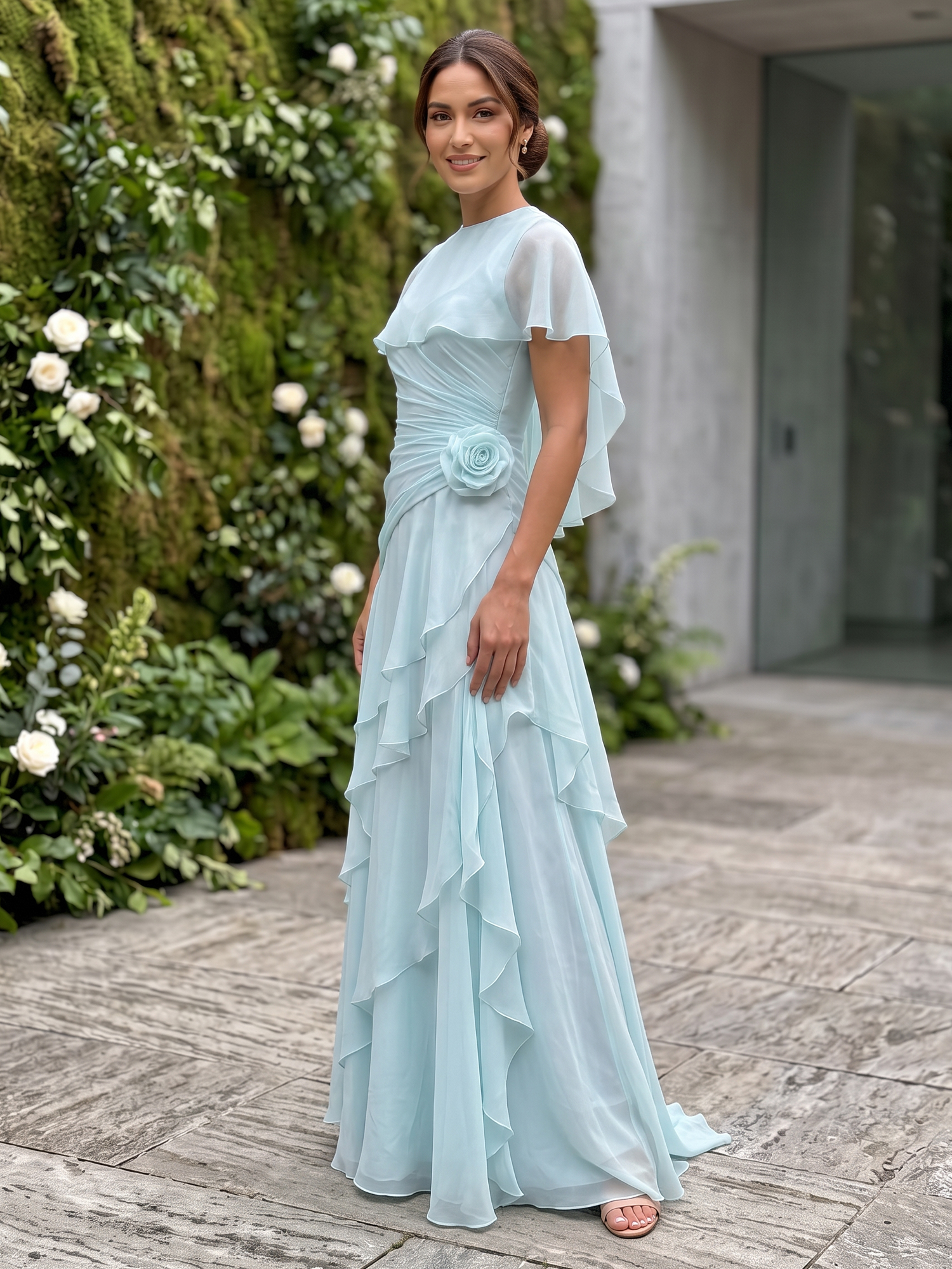Light Blue High‑Neck Cape Sleeve Cascading Ruffle Floor‑Length Evening Dress