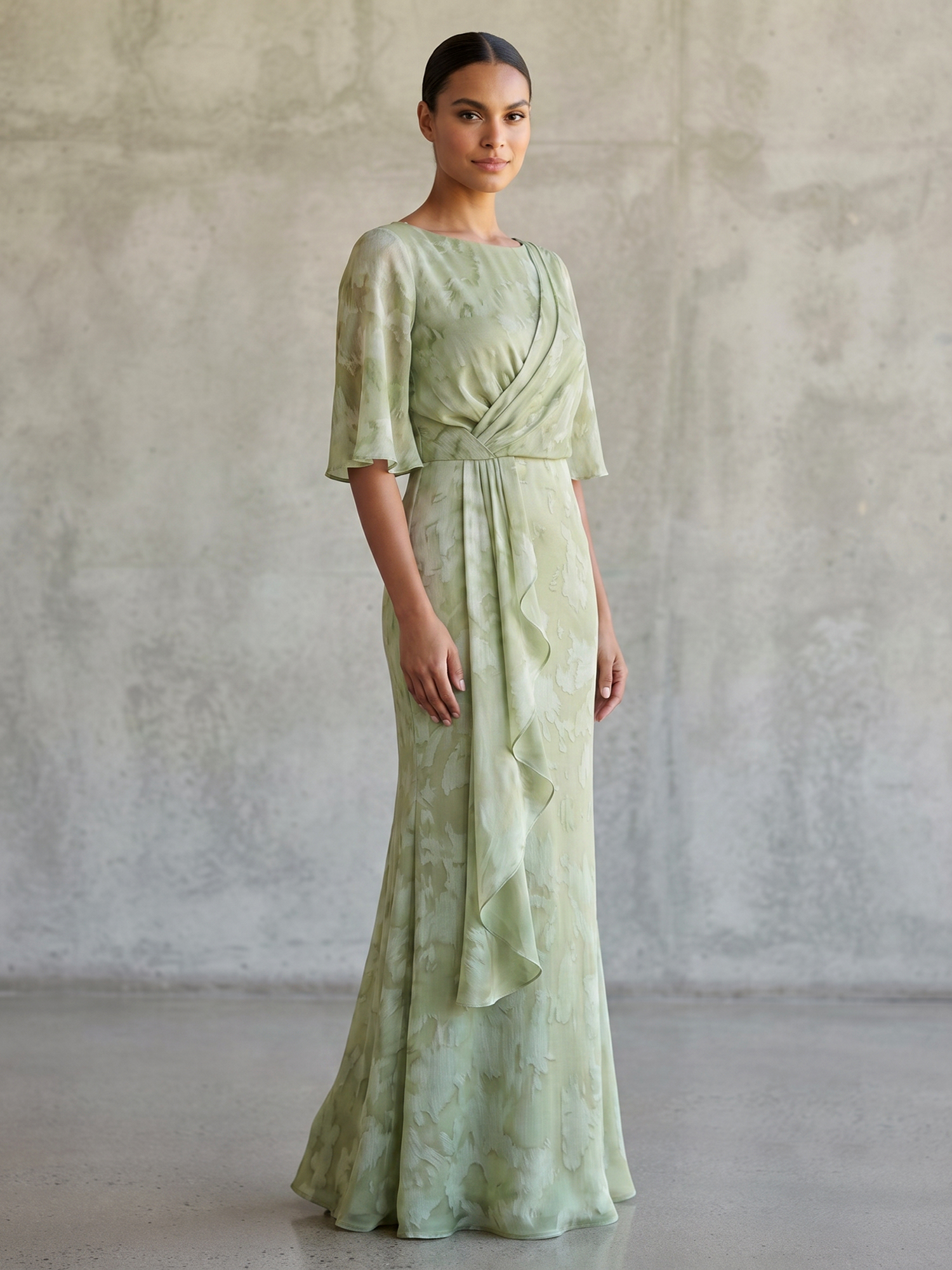 Sage Green Bateau Neck Flutter Sleeve Printed Chiffon Mermaid Maxi Dress